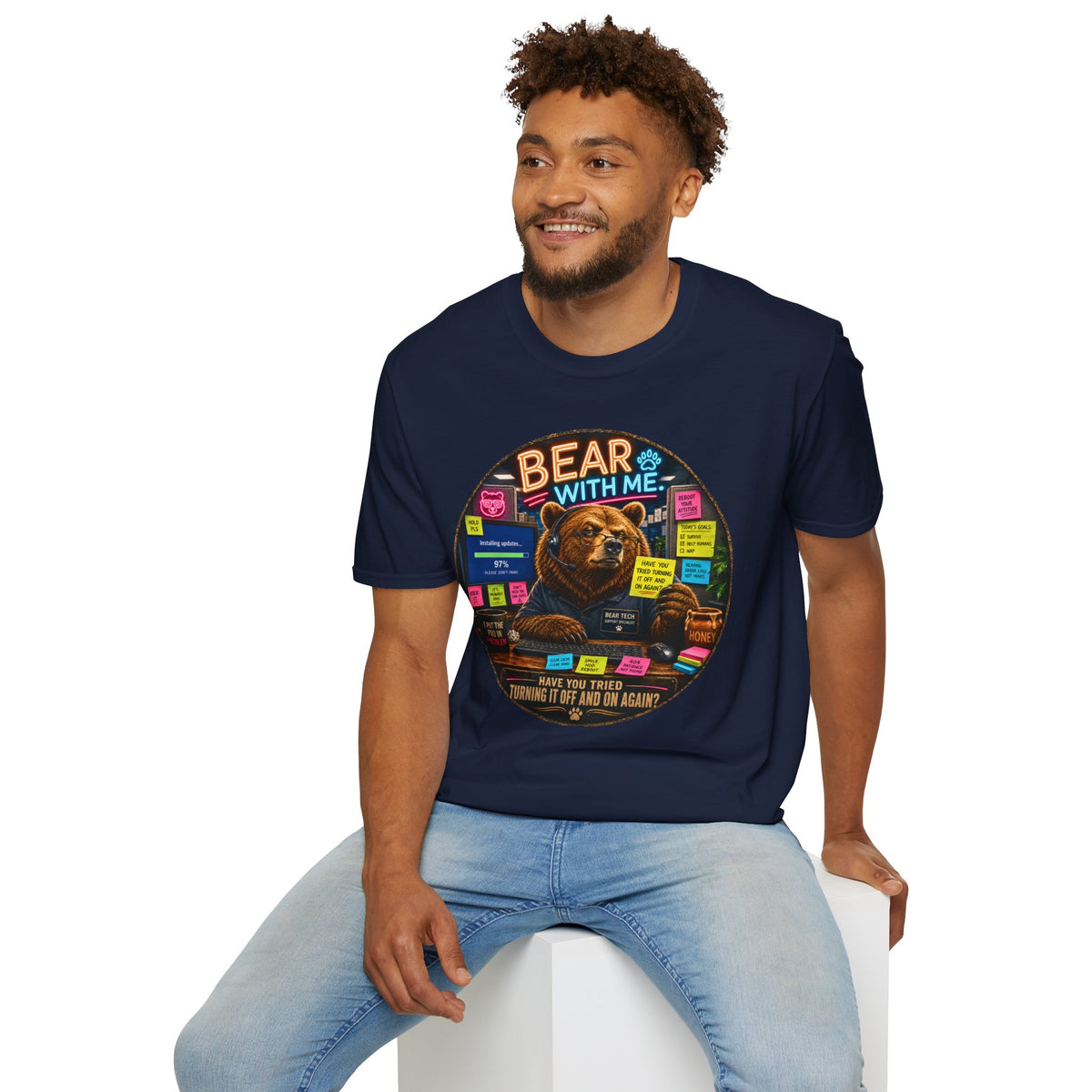 Bear With Me Shirt, Funny IT Support Tee, Tech Help Desk Humor, Turning It Off And On Again Graphic T-Shirt