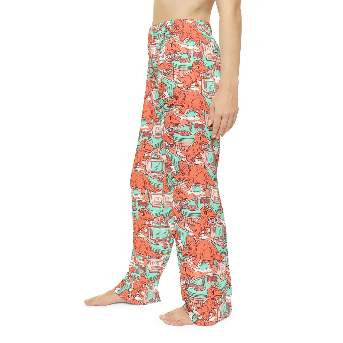 Retro Dinosaur Diner Pajama Pants | Mint Coral Vintage Print