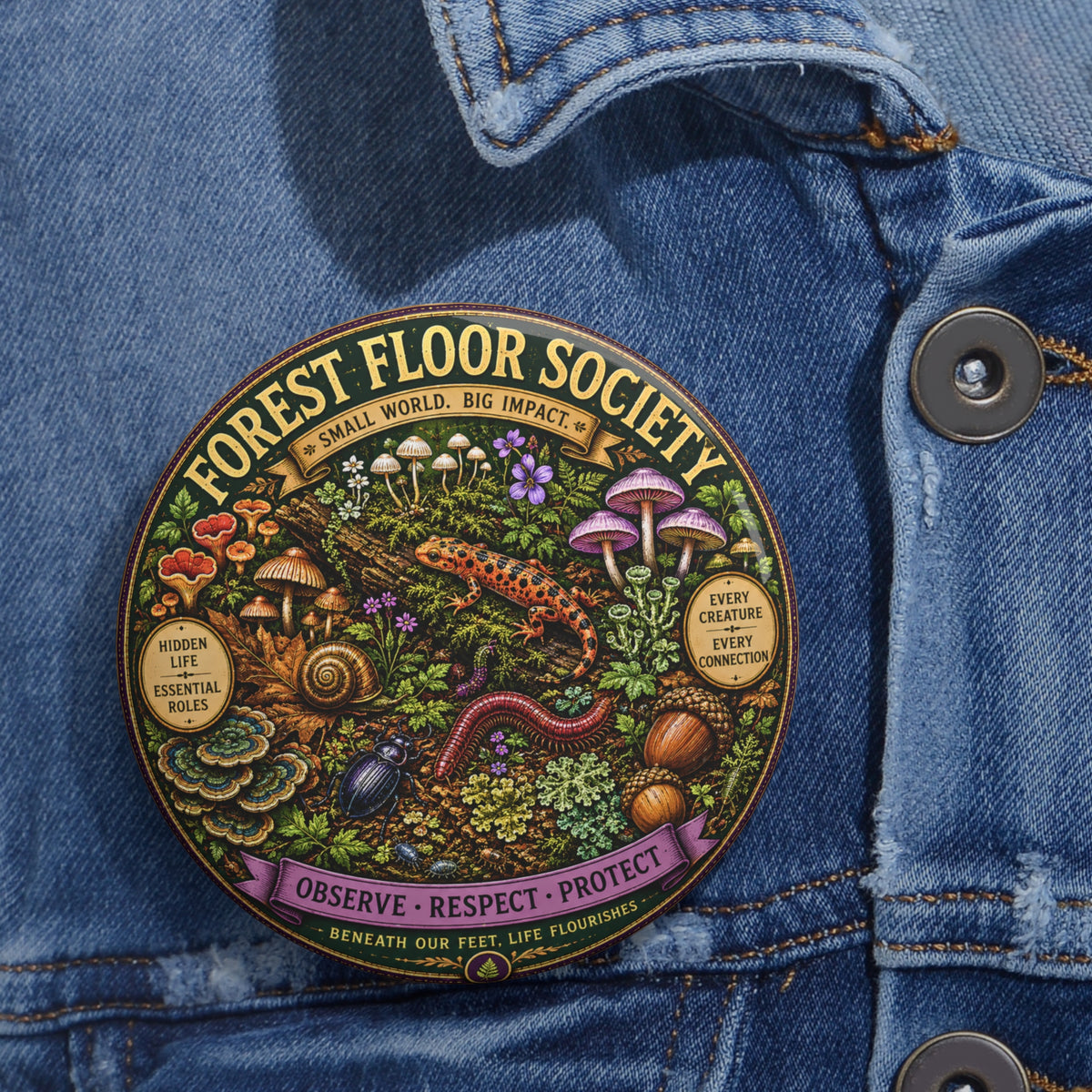 Forest Floor Society pin button, nature conservation enamel-style lapel pin