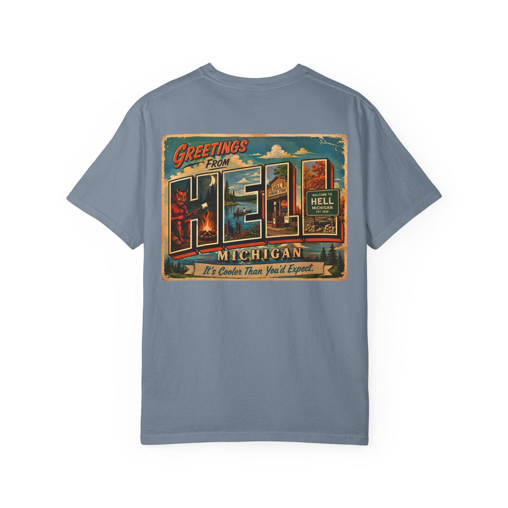 Greetings From Hell Michigan Postcard Shirt | Vintage Travel Souvenir Tee
