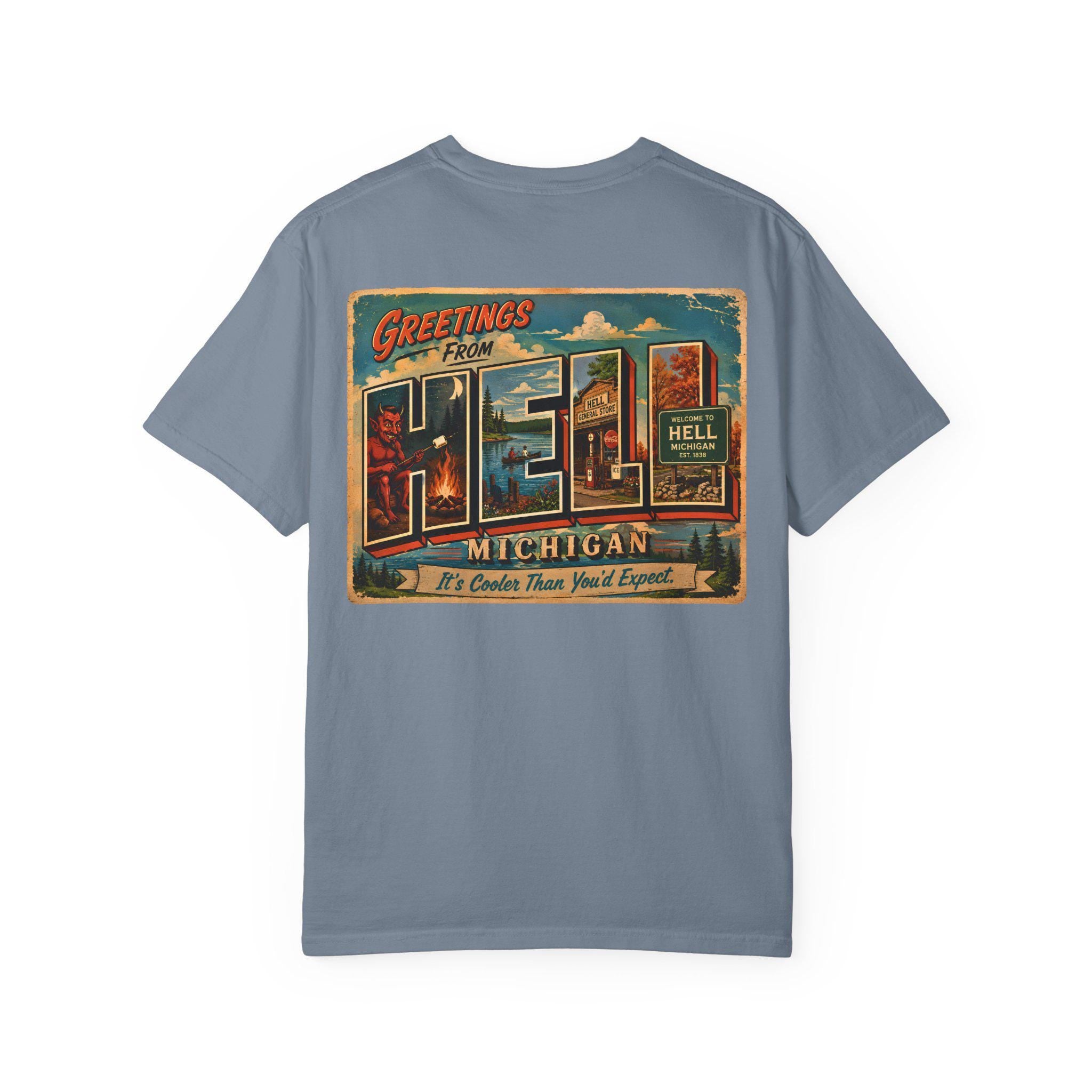 Greetings From Hell Michigan Postcard Shirt | Vintage Travel Souvenir Tee