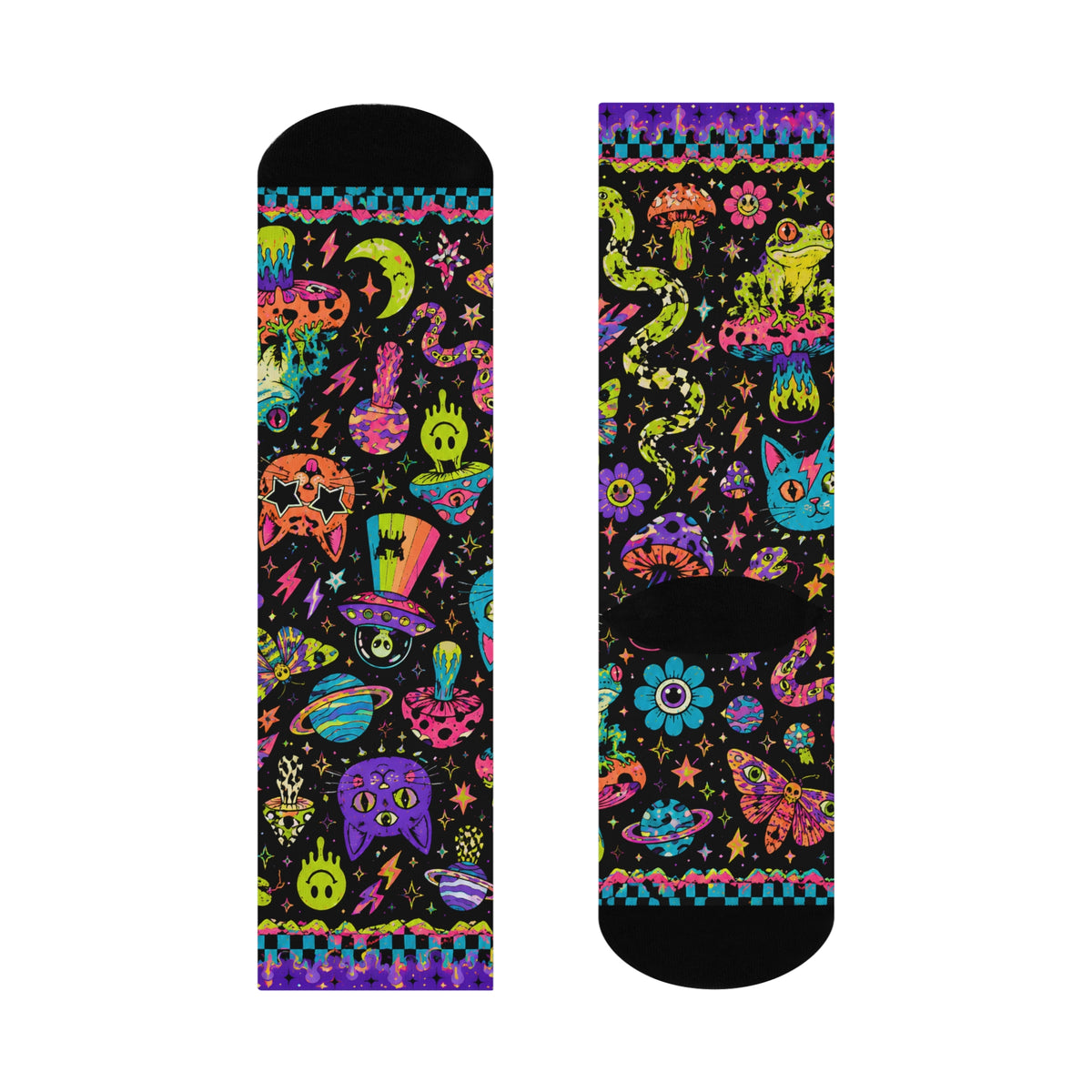 Neon Cosmic Cats Cushioned Crew Socks | Psychedelic Space Pattern
