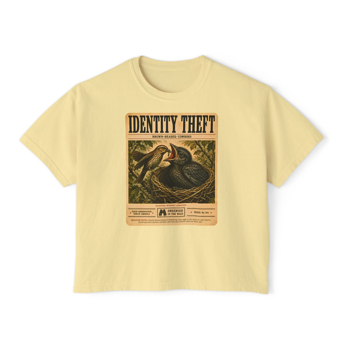 Identity Theft Boxy Tee | Cowbird Birdwatching Shirt | Vintage Nature Graphic Tee | Funny Ornithology Gift | Wildlife Poster