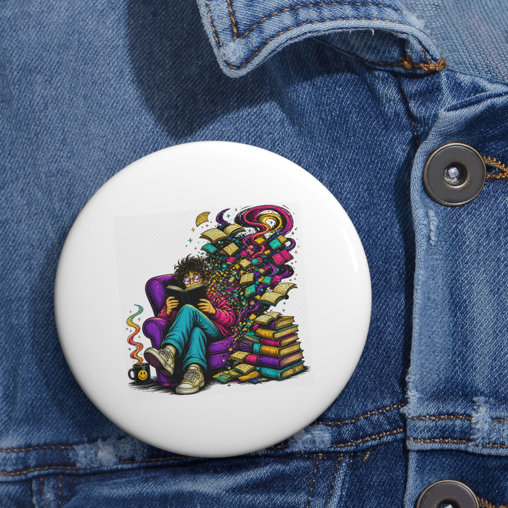 Girl Reading with Colorful Imagination Pin Button | Bookstack Illustration