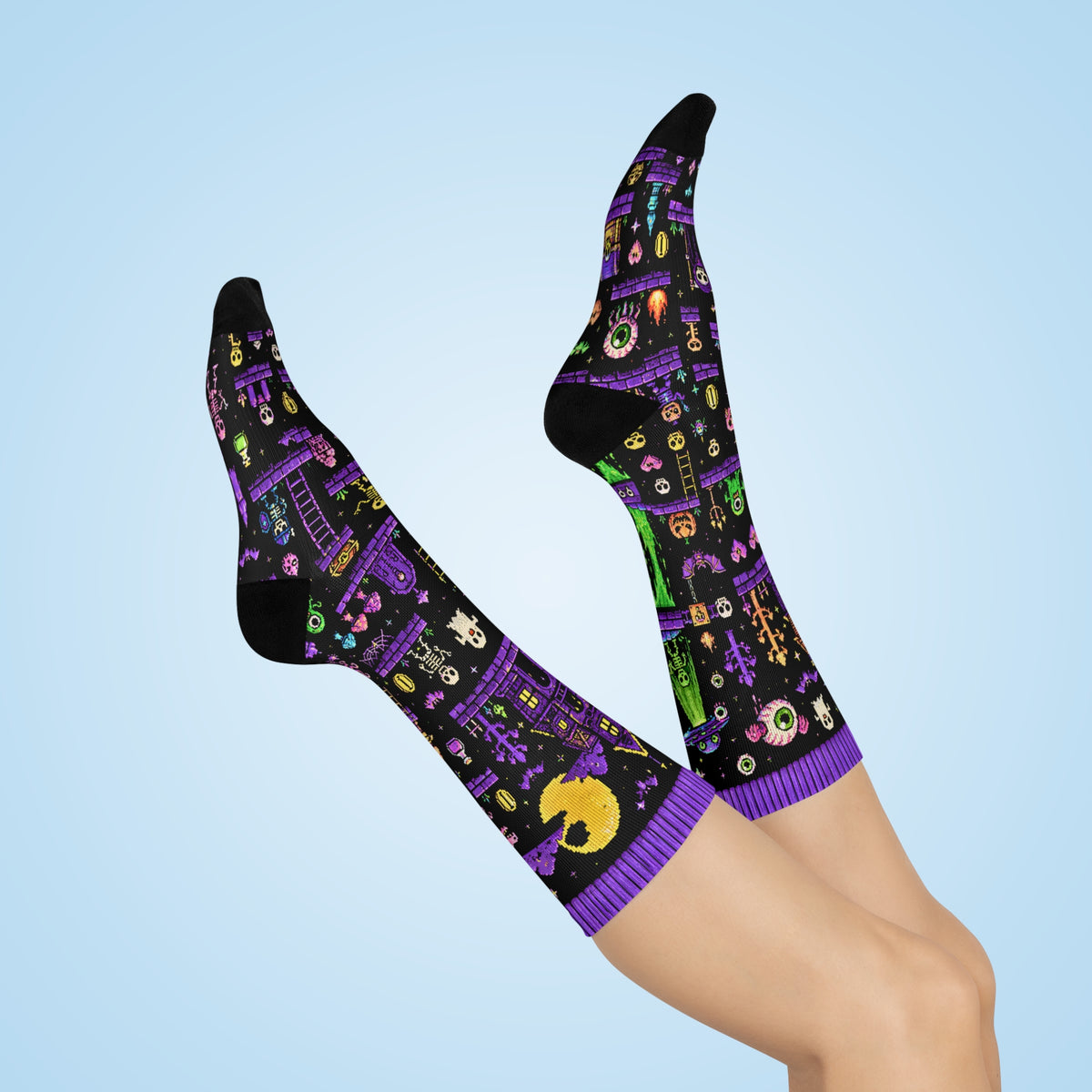 8-Bit Halloween Crew Socks | Retro Pixel Art Spooky Socks | Ghost Skeleton Haunted House UFO Gamer Socks | Neon Gothic Cushion Crew Socks