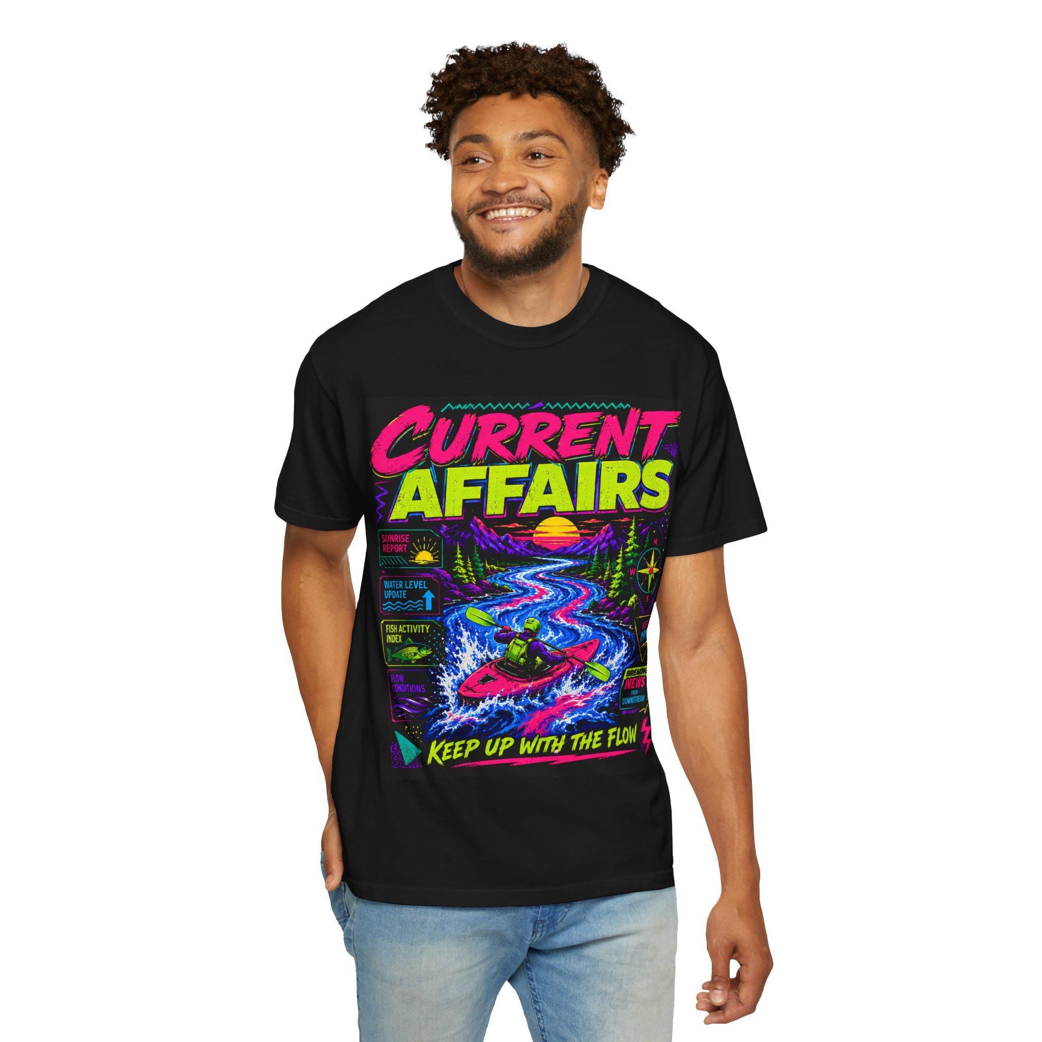 Neon Kayak River Graphic Tee, 90s Outdoor Adventure Shirt, Whitewater Kayaking Apparel