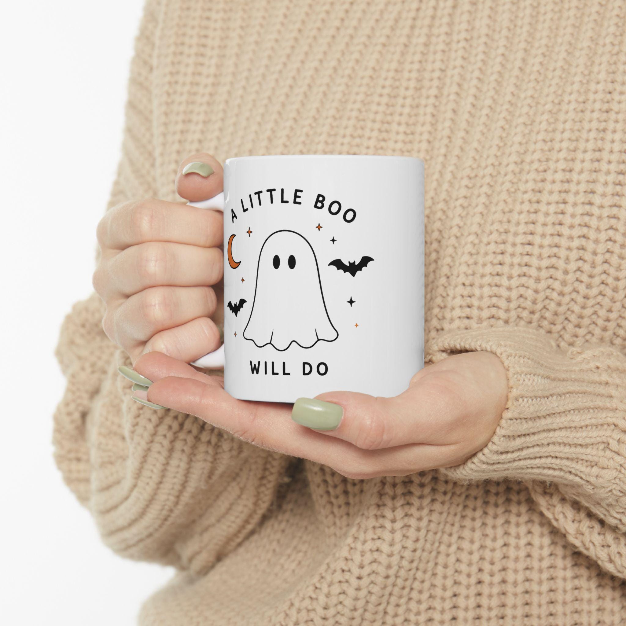 Ghost Halloween Ceramic Mug | Minimalist Spooky Bat Moon Design