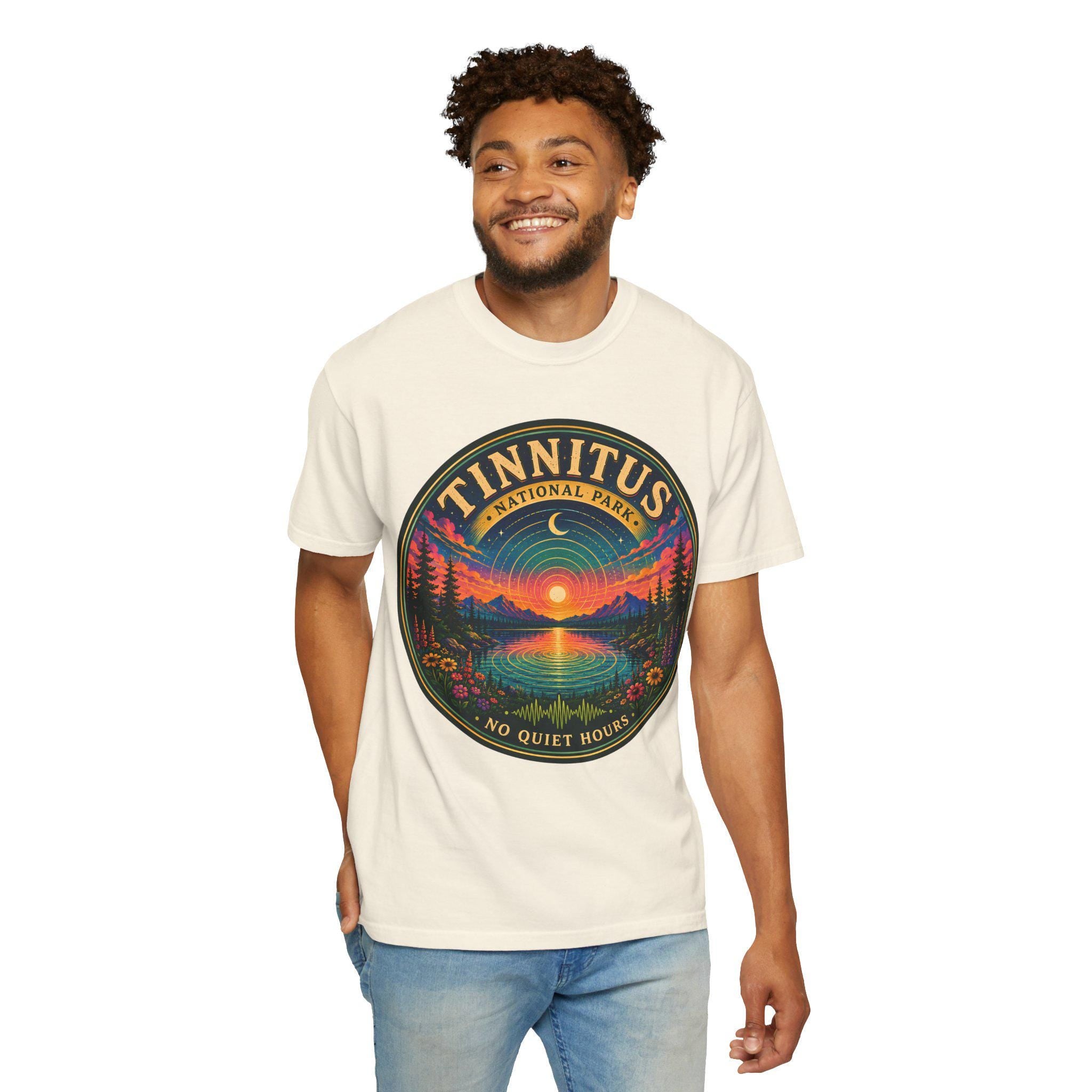 Tinnitus National Park badge sunset landscape T-shirt | No Quiet Hours graphic tee