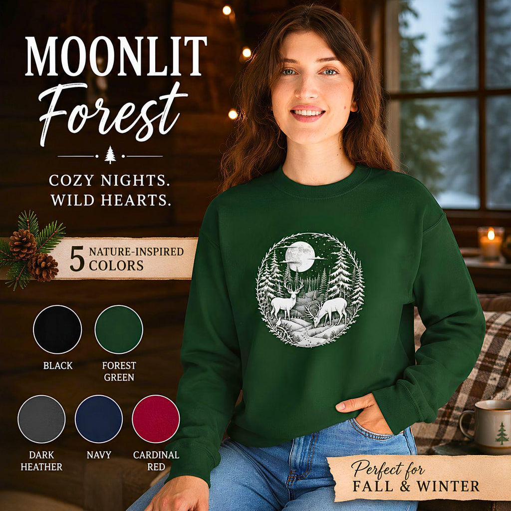 Moonlit Forest Deer Sweatshirt, Woodland Nature Crewneck, Winter Wildlife Apparel