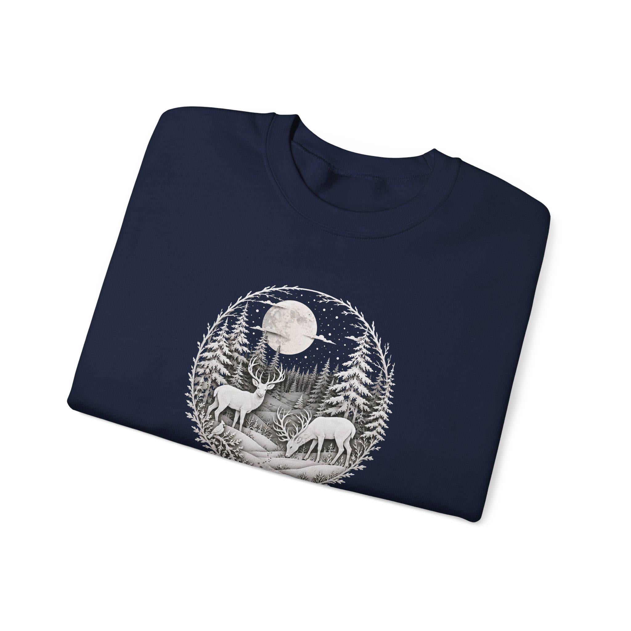 Moonlit Forest Deer Sweatshirt, Woodland Nature Crewneck, Winter Wildlife Apparel