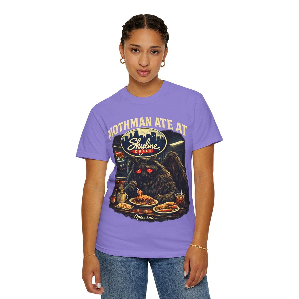 Satirical Mothman Chili Shirt, Cryptid Diner Graphic, Midnight Ohio Humor, Retro Monster Aesthetic, Open Late Apparel