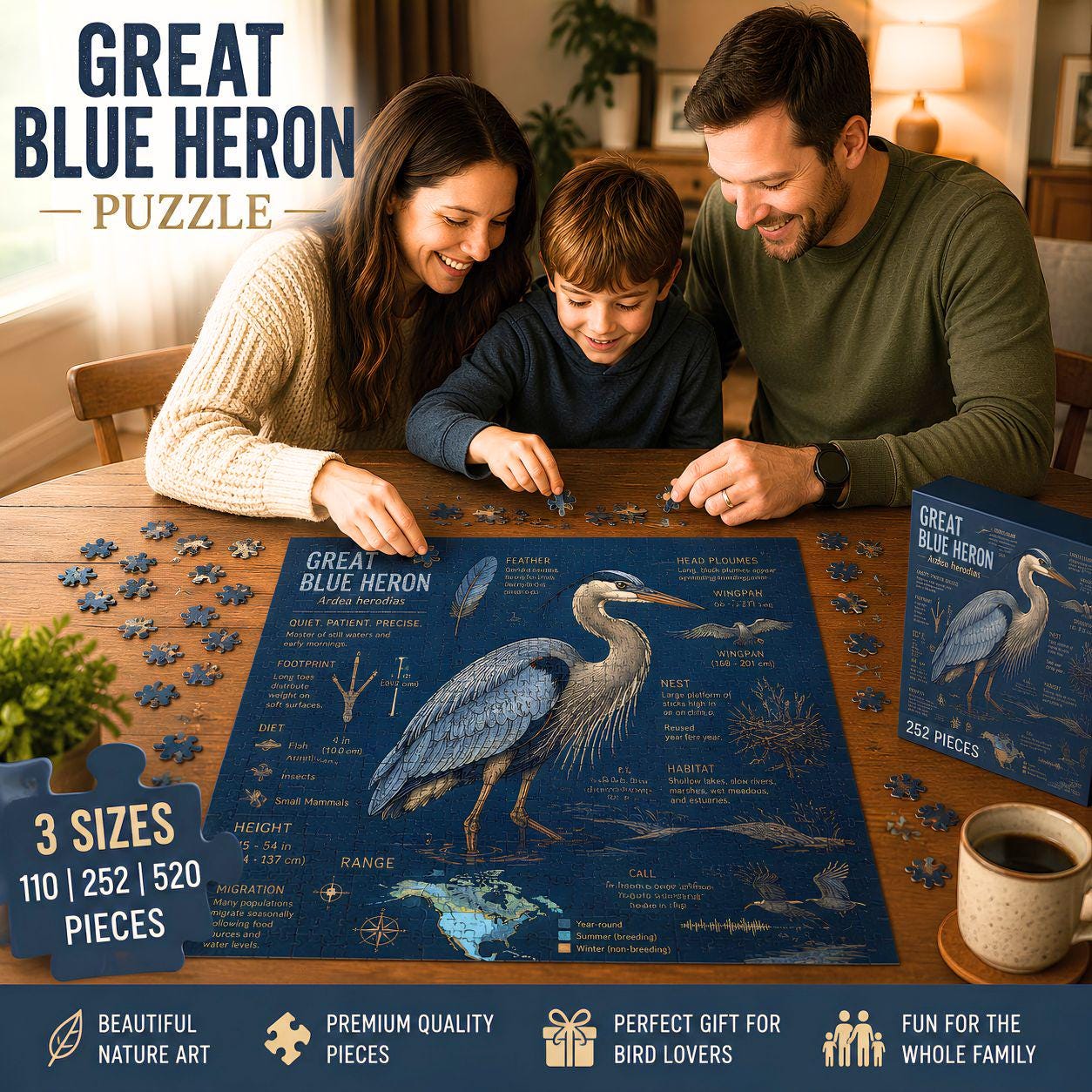Blue Heron Nature Illustration Puzzle | Wetlands Bird Jigsaw (110-520 Pieces)
