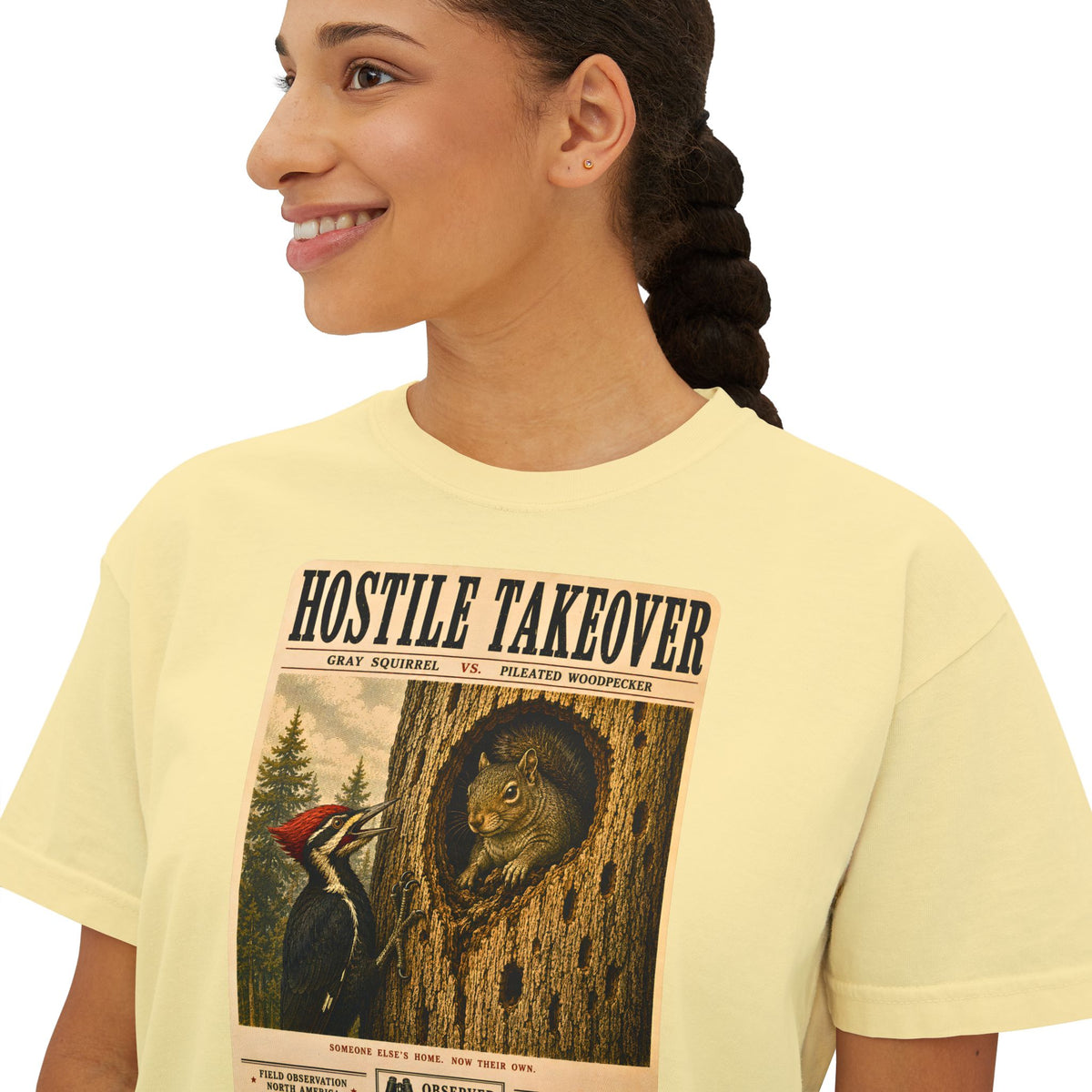 Hostile Takeover Boxy Tee | Woodpecker & Squirrel Shirt | Funny Birdwatching Graphic Tee | Vintage Nature Poster | Wildlife Gift