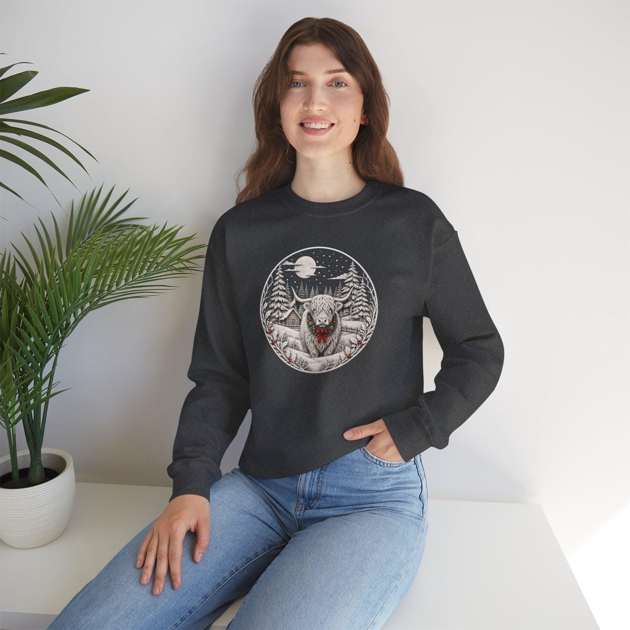 Winter Highland Cow Crewneck Sweatshirt, Rustic Christmas Scene, Cozy Farmhouse Style