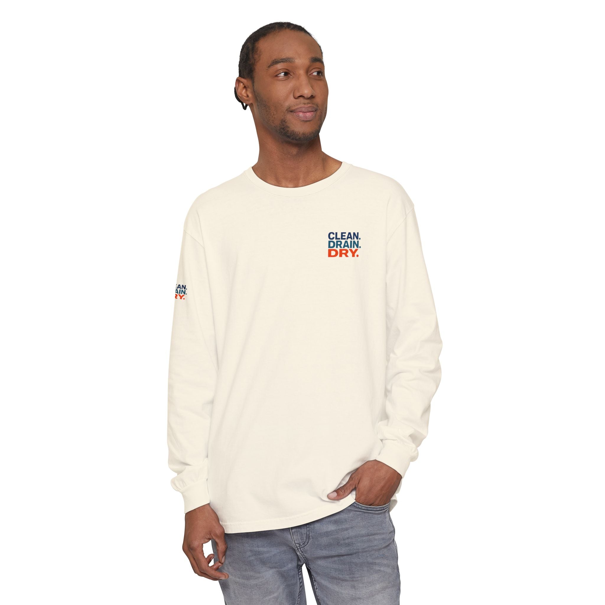 Long Sleeve Tee — "Clean. Drain. Dry." Lake Conservation Shirt