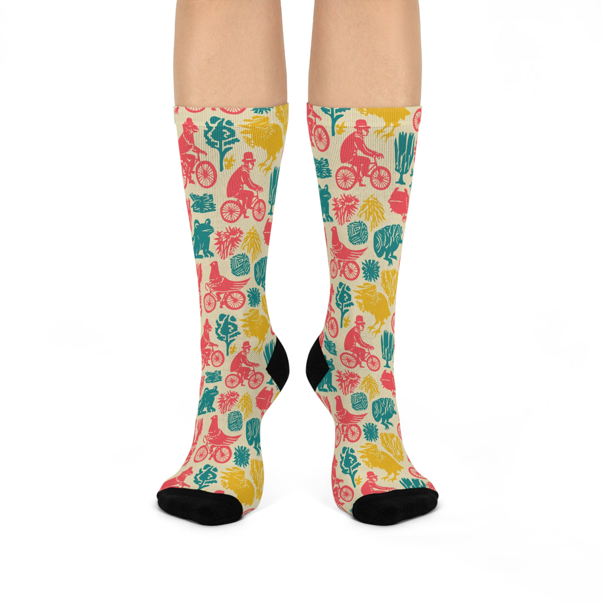 Birds on Bicycles Crew Socks | Retro Roosters & Frogs Print