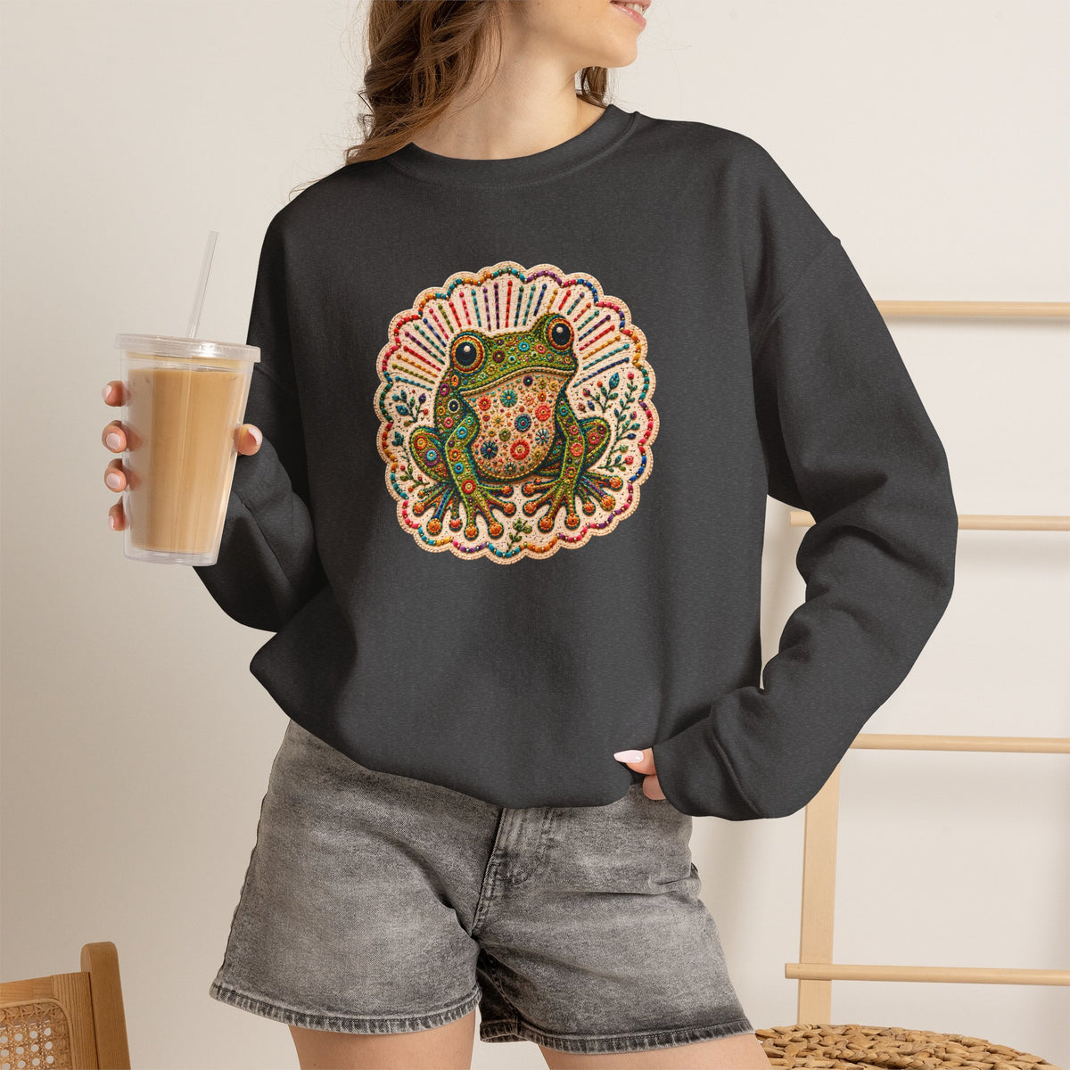 Colorful Folk Art Frog sweatshirt | Retro Floral Amphibian