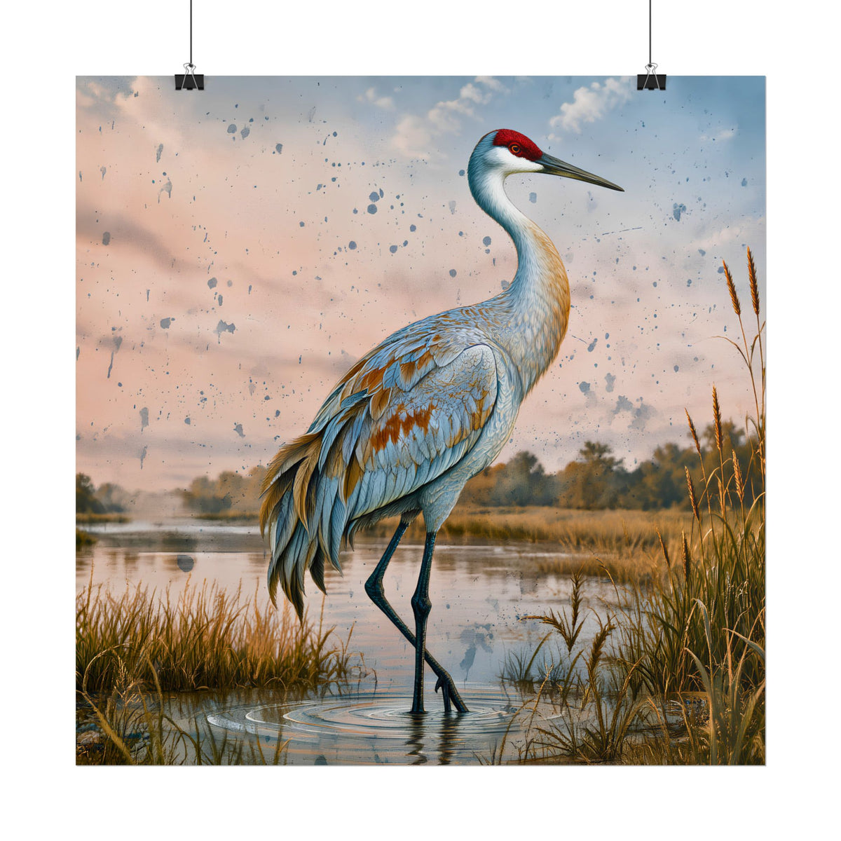 Sandhill Crane Rolled Poster | Wetland Bird Art, Marsh Landscape