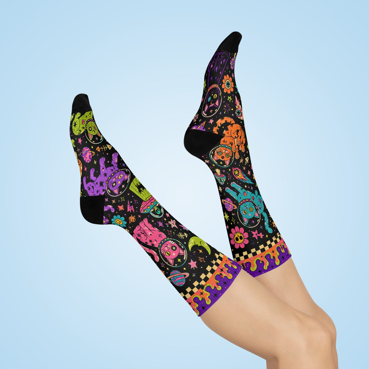 Neon Space Cats Crew Socks | Alien Cat Astronauts, Planets & Stars