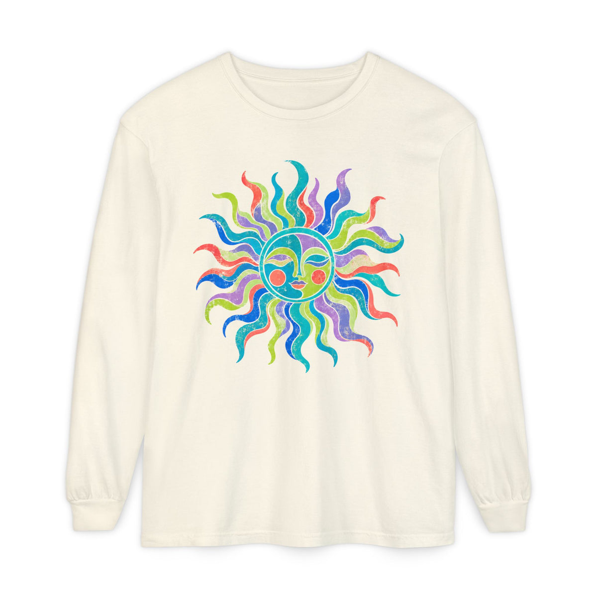 Colorful Sun Long Sleeve Shirt, Celestial Sun Face Tee, Retro Folk Art Shirt, Whimsical Boho Graphic Top