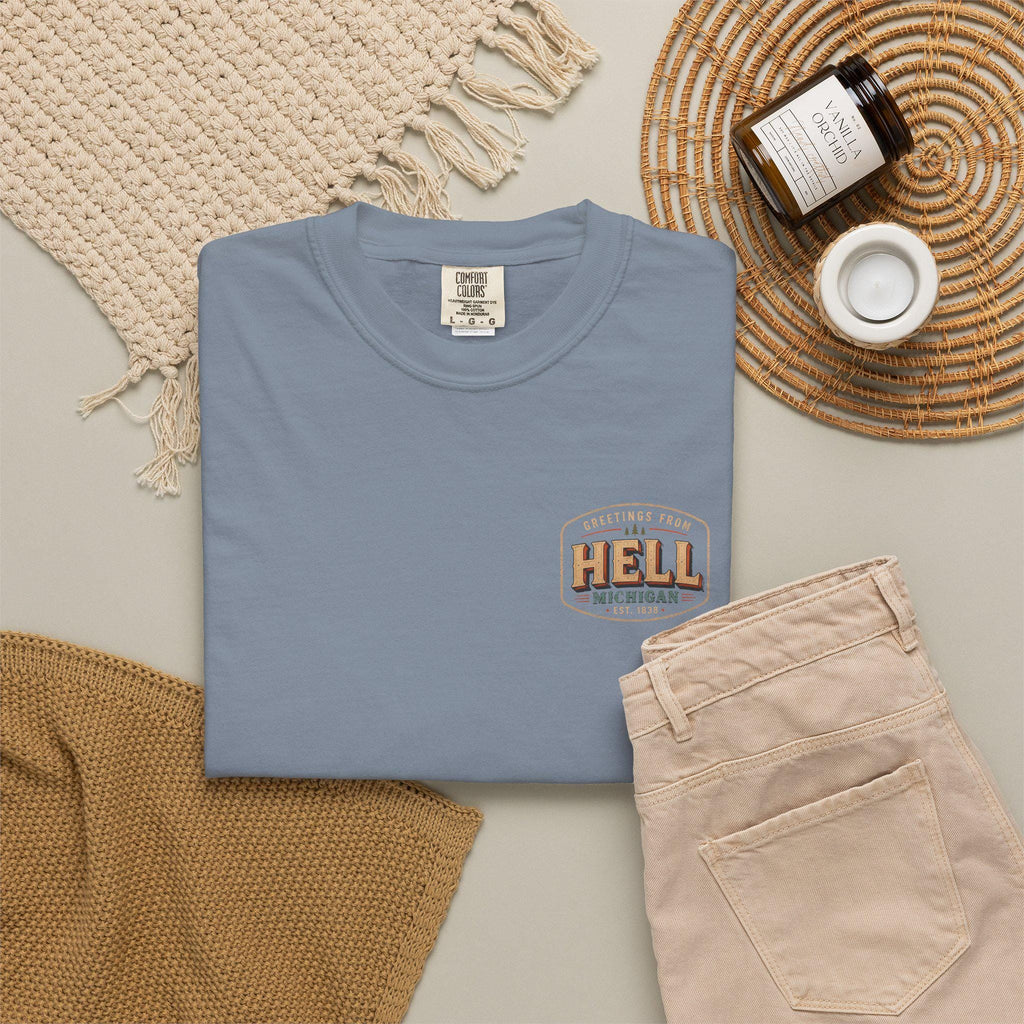 Greetings From Hell Michigan Postcard Shirt | Vintage Travel Souvenir Tee