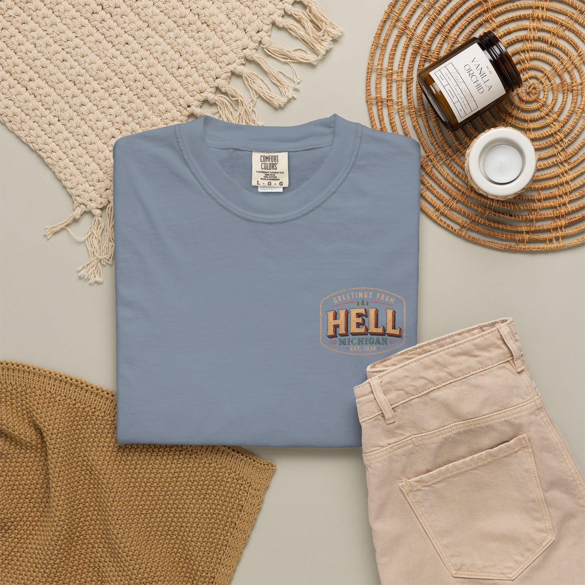 Greetings From Hell Michigan Postcard Shirt | Vintage Travel Souvenir Tee