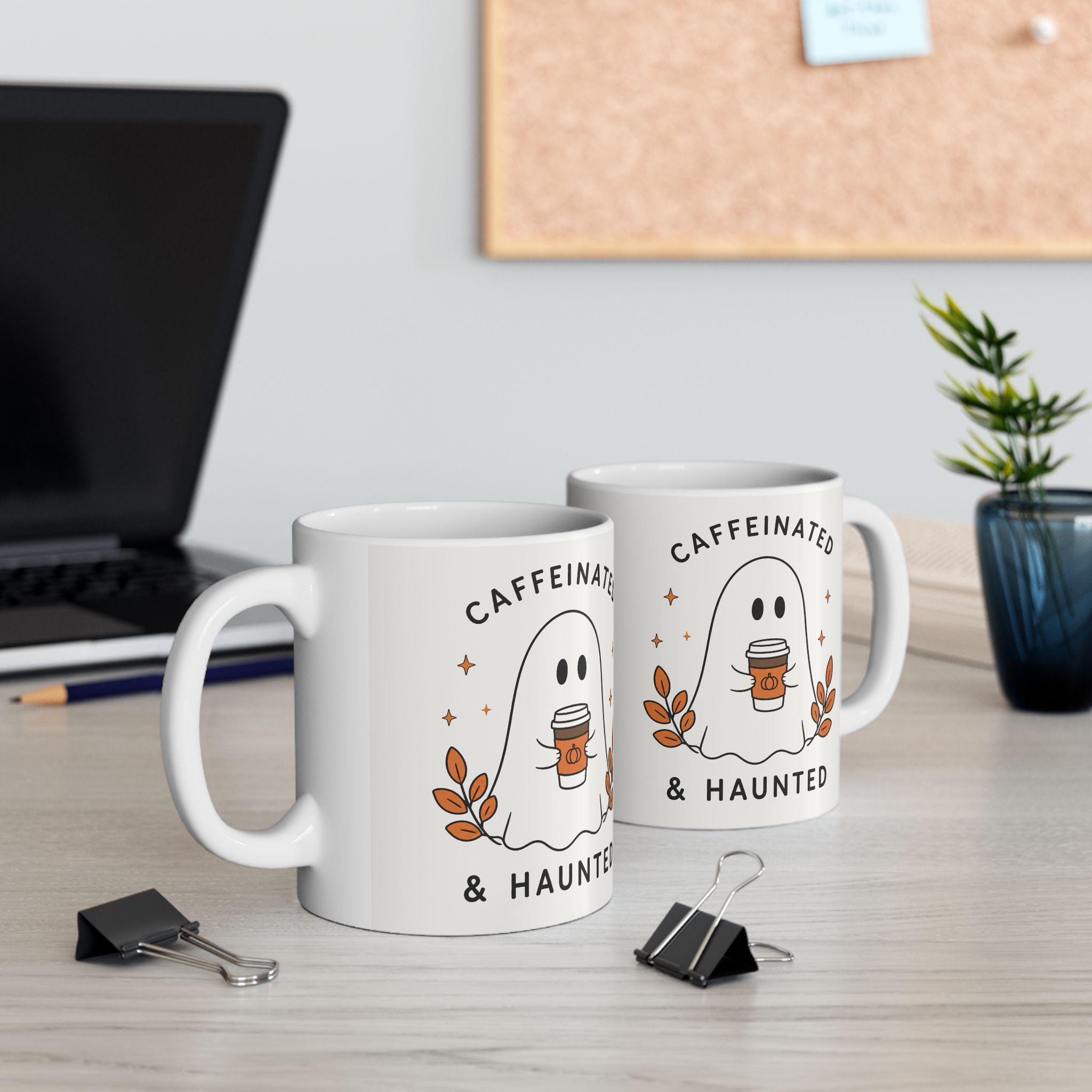 Caffeinated & Haunted Ghost Illustration Mug | Ceramic Coffee Cup