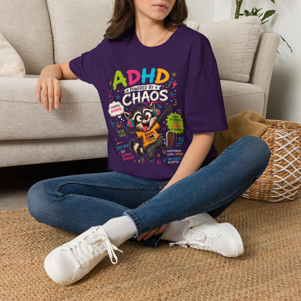 Funny ADHD Shirt for Adults, ADHD Raccoon Tee, Neurodivergent Gift, ADHD Humor Graphic Shirt, Powered by Chaos Tee