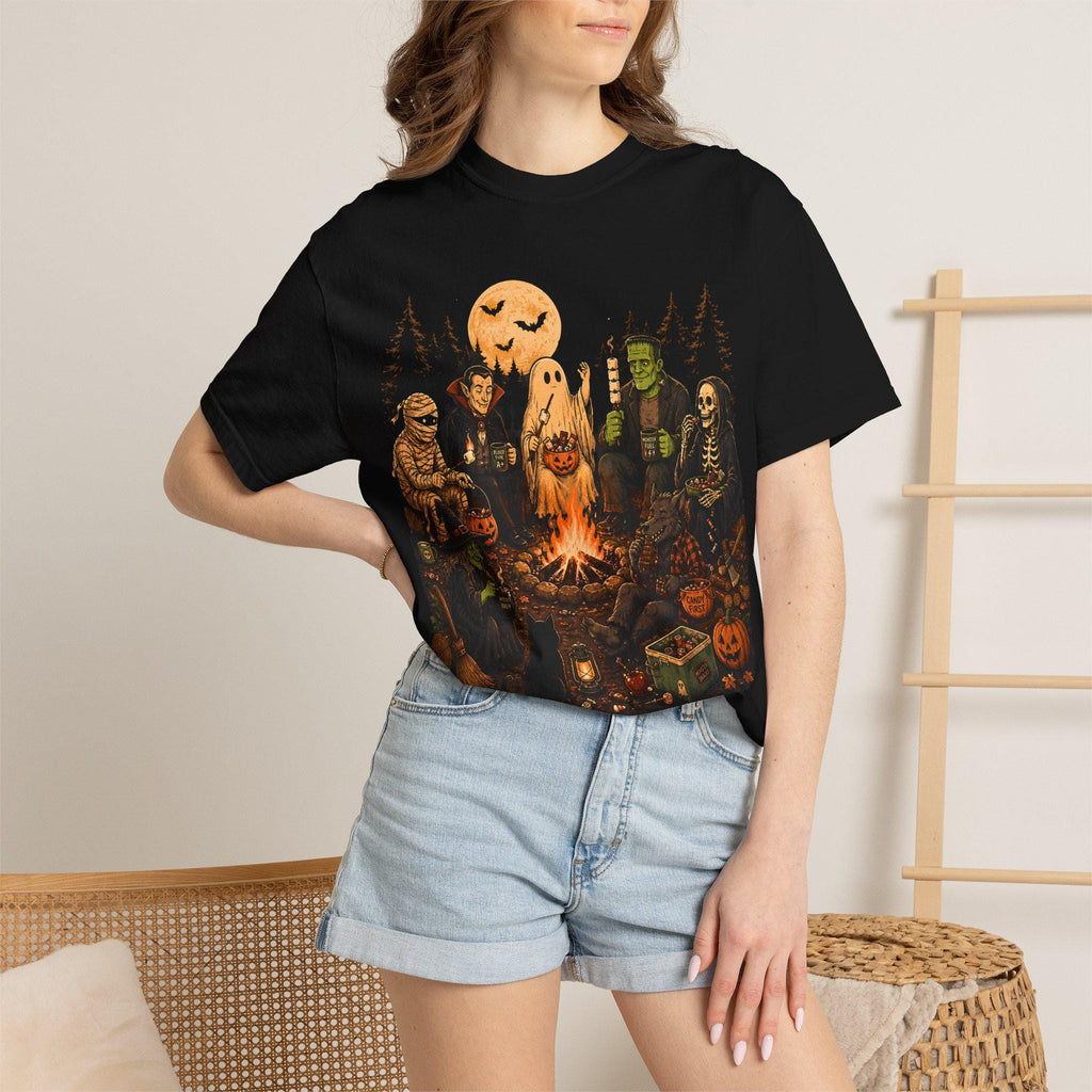Monster Campfire Scene T-shirt | Halloween Haunted Pumpkin Night