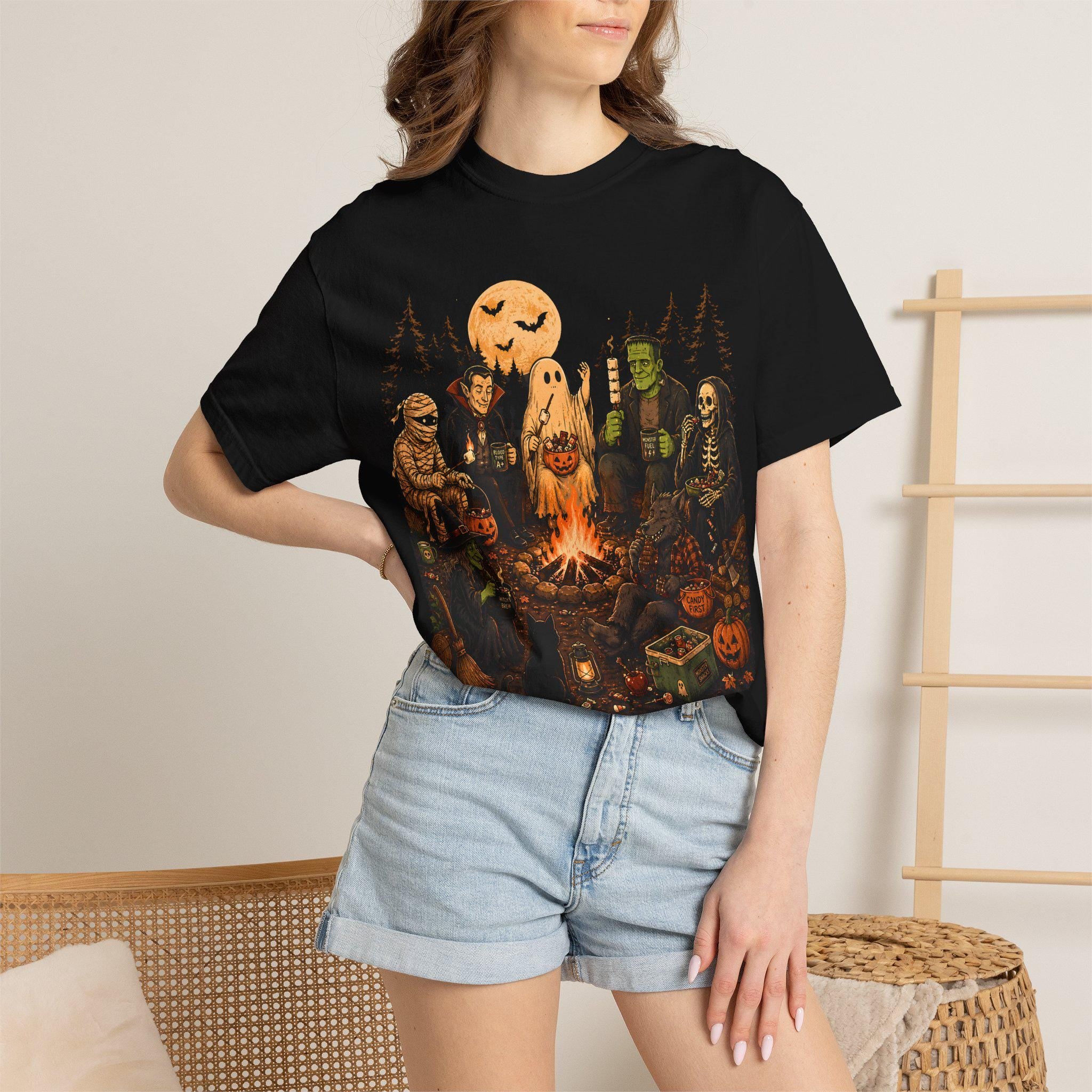 Monster Campfire Scene T-shirt | Halloween Haunted Pumpkin Night