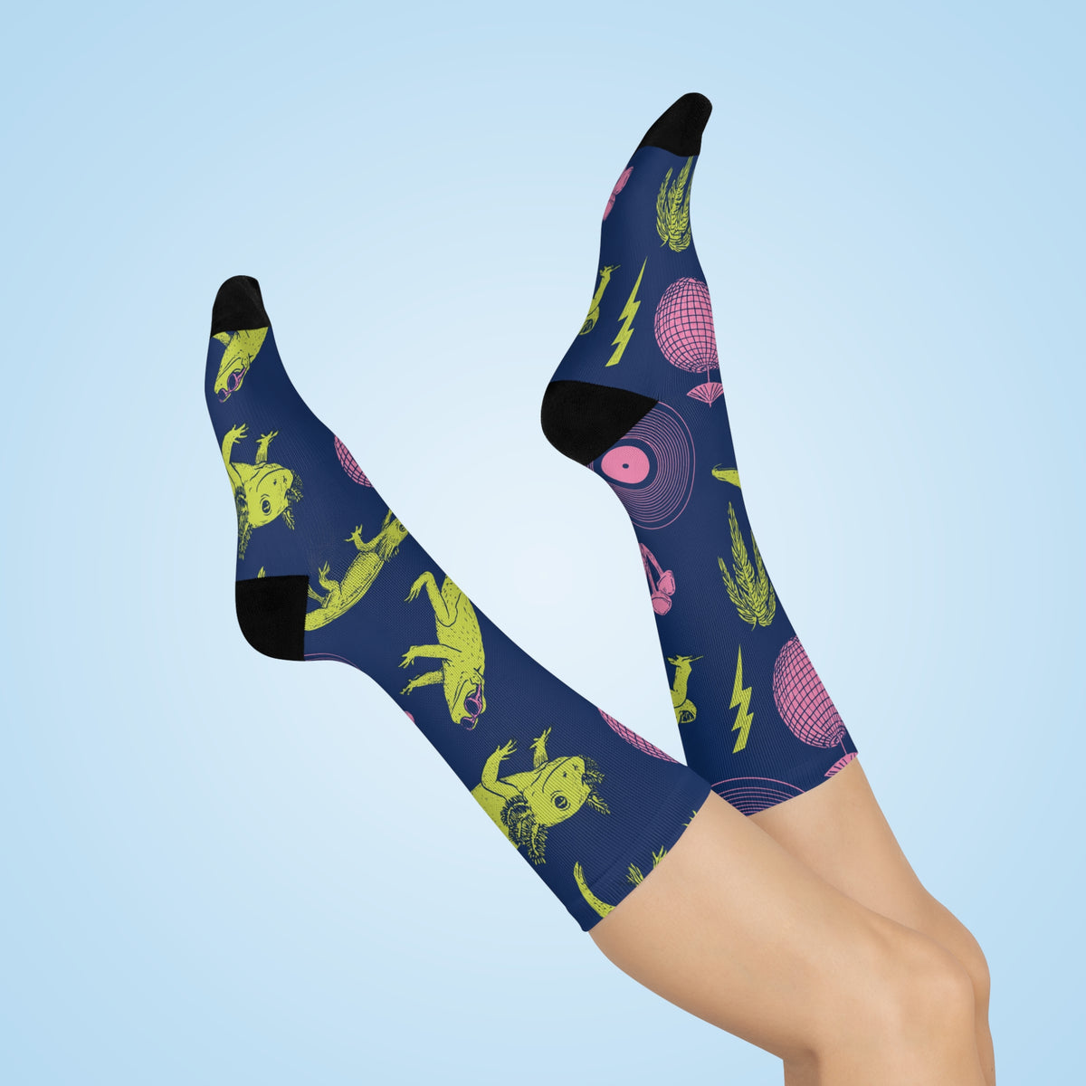 Neon Axolotl Disco Crew Socks | Lime Pink Retro Dance Print