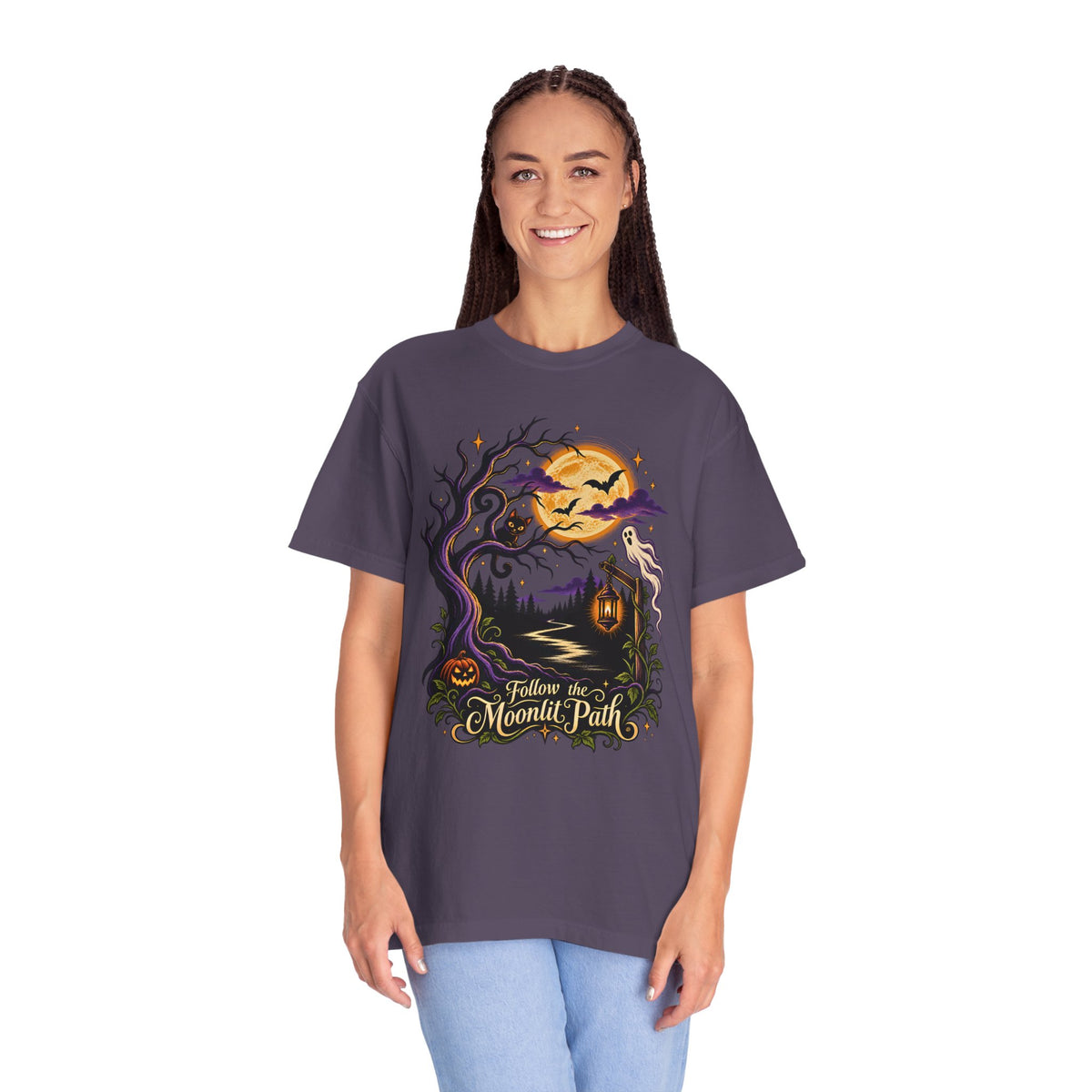 Halloween Shirt, Haunted Trail Tee, Moonlit Path Graphic, Spooky Ghost Black Cat Pumpkin Shirt, Comfort Colors 1717 Fall Tee