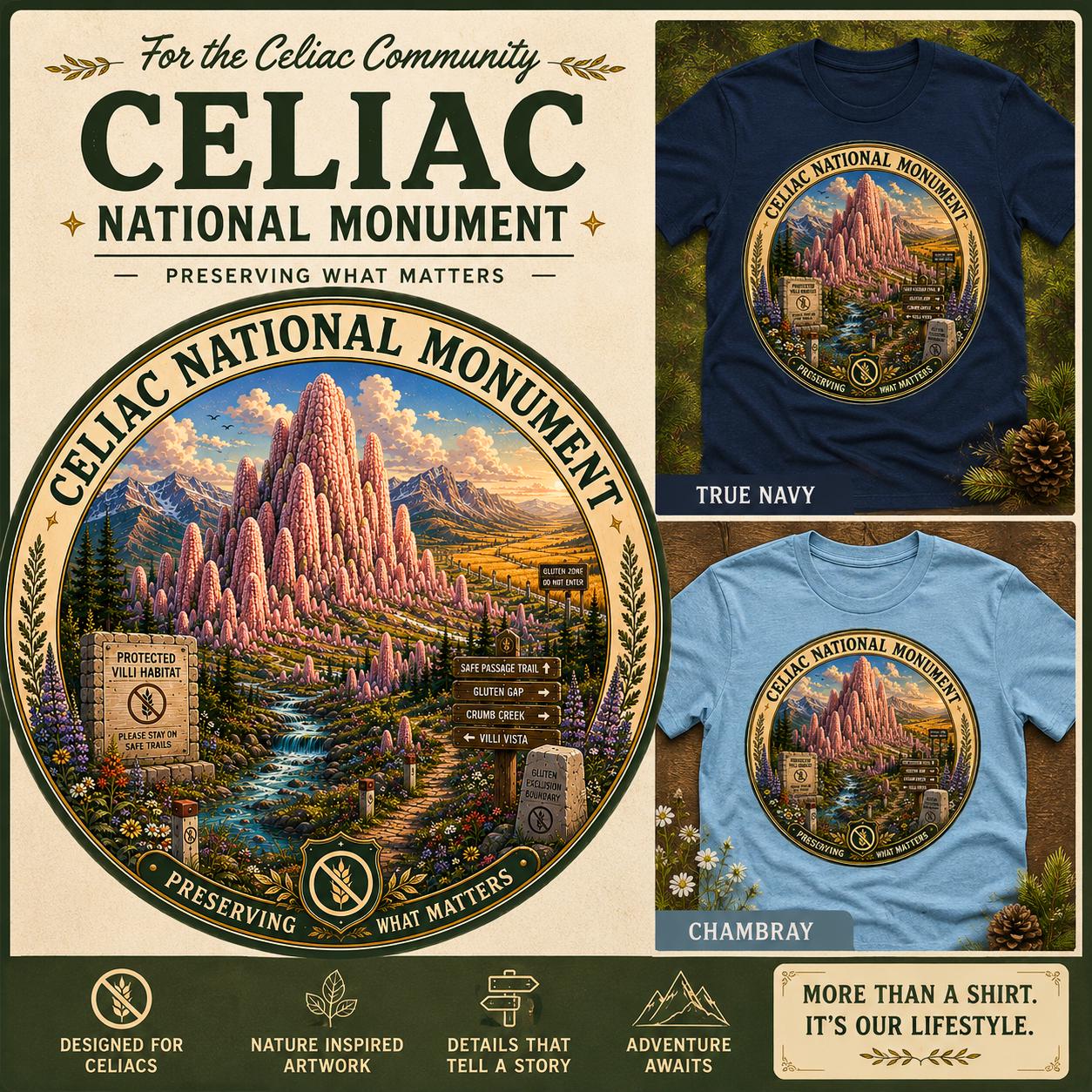 Celiac National Monument Graphic Tee, Gluten-Free Nature Apparel, National Park Style Shirt