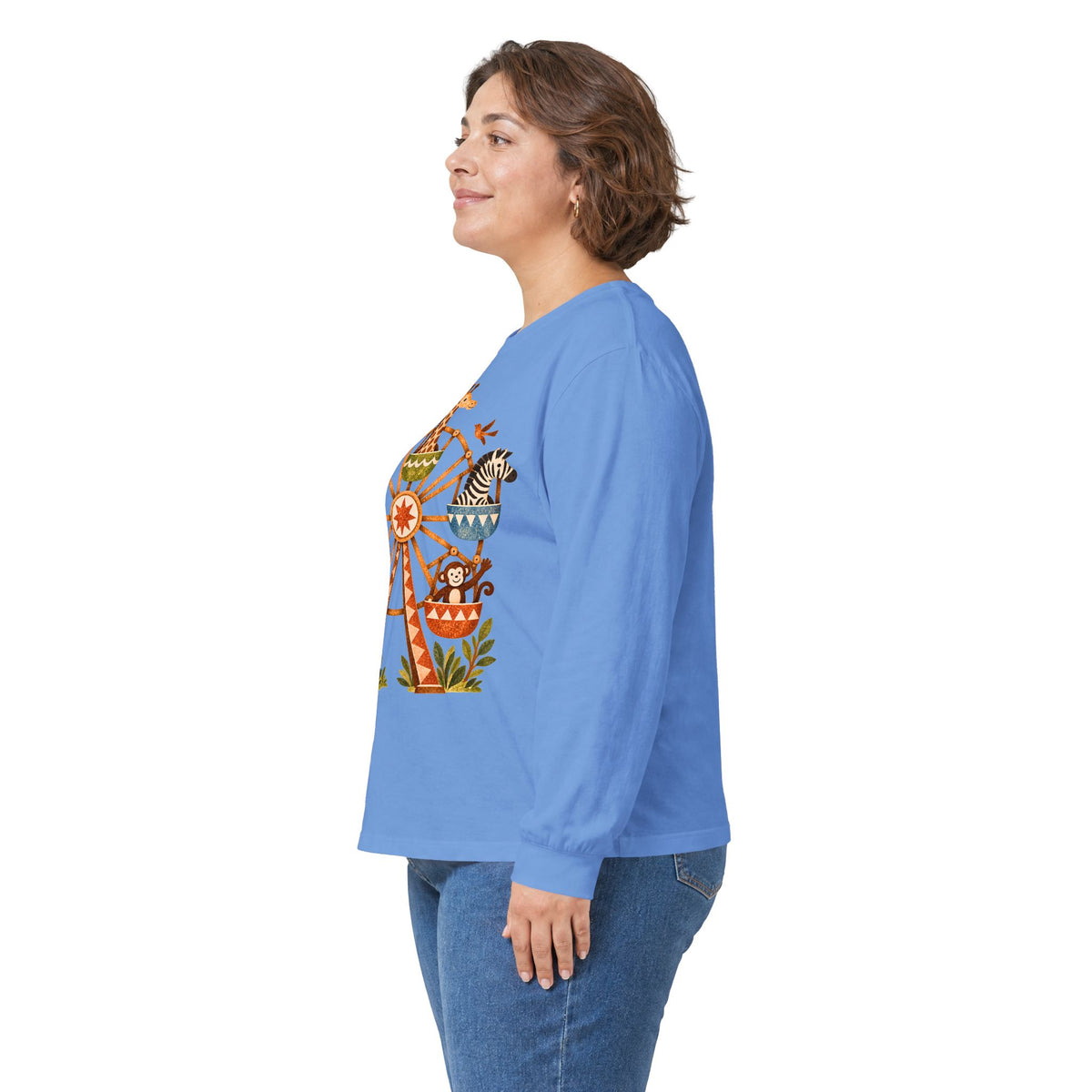 Vintage Safari Ferris Wheel Long Sleeve Shirt, Whimsical Zoo Animal Tee, Retro Storybook Graphic, Unisex Animal Lover Gift