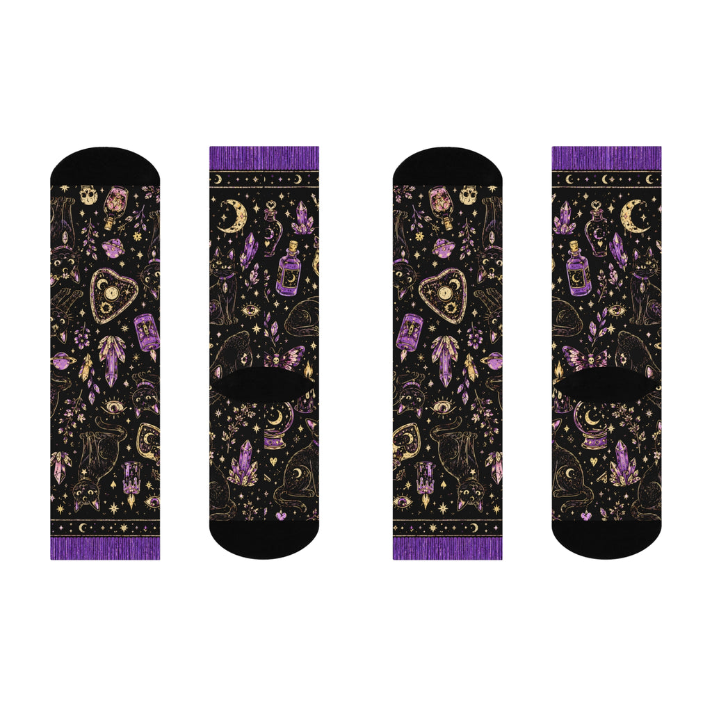 Black Cat Magic Crew Socks | Witchy Moon, Crystals & Candles