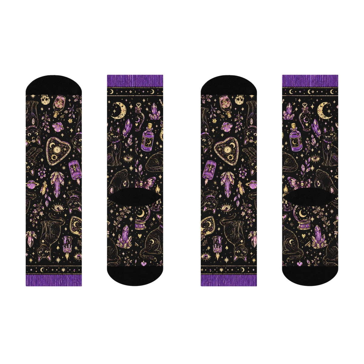Black Cat Magic Crew Socks | Witchy Moon, Crystals & Candles