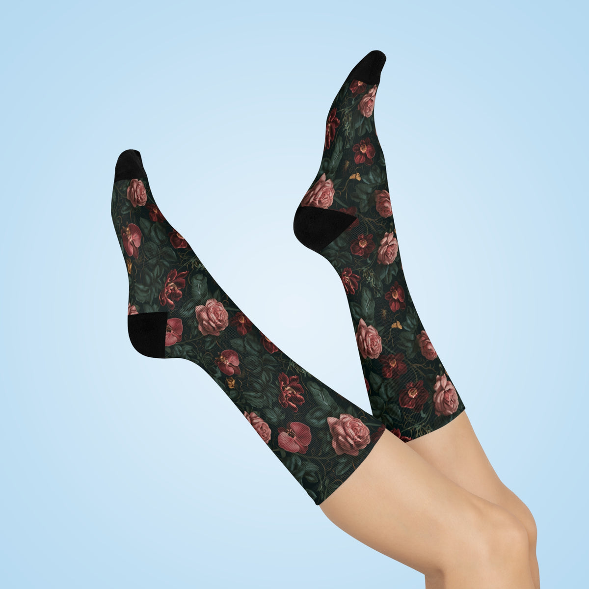 Midnight Rose Crew Socks | Gothic Botanical Moths & Flowers