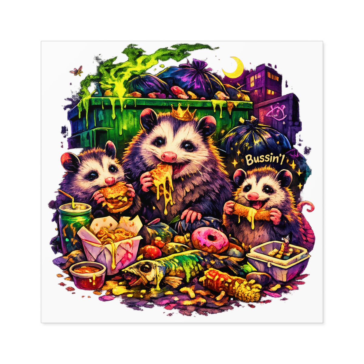 Bussin Opossum Square Sticker Funny Dumpster Feast Vinyl Decal