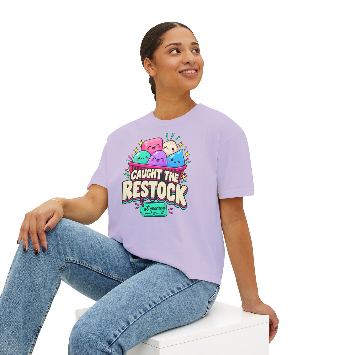 Caught the Restock Crop Tee, Squishy Hunting Shirt, Cute Sensory Toy Collector Top, Kawaii Restock Graphic Tee