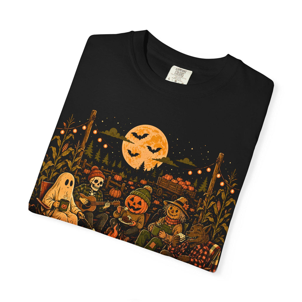 Halloween Campfire Scene T-shirt | Pumpkin, Ghosts, Scarecrow, Jack-O'-Lanterns