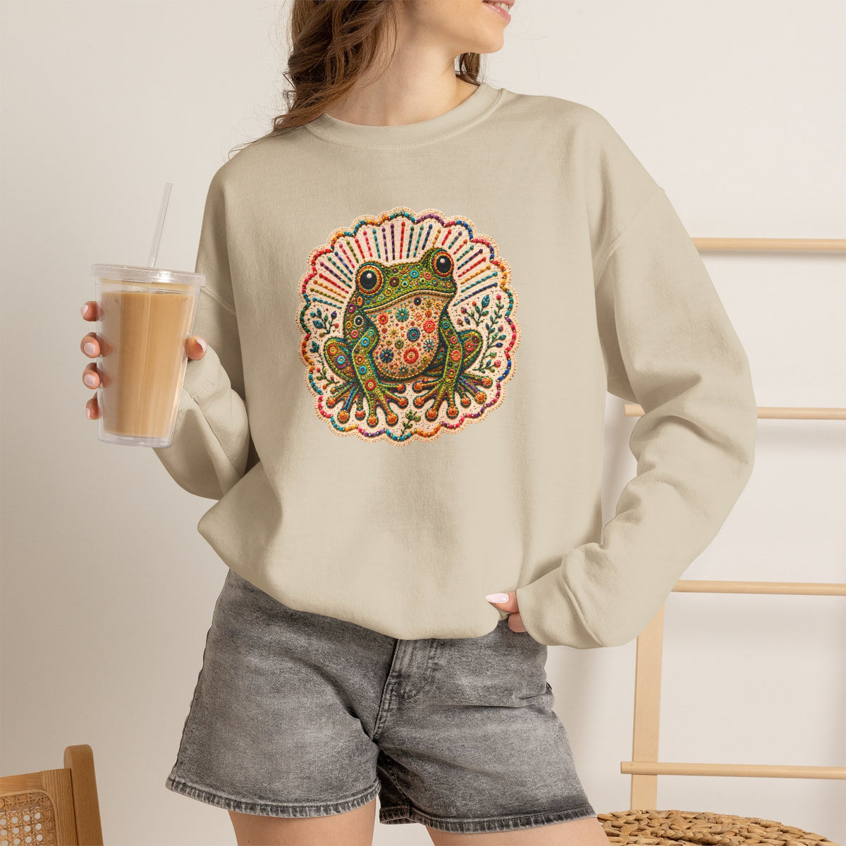 Colorful Folk Art Frog sweatshirt | Retro Floral Amphibian