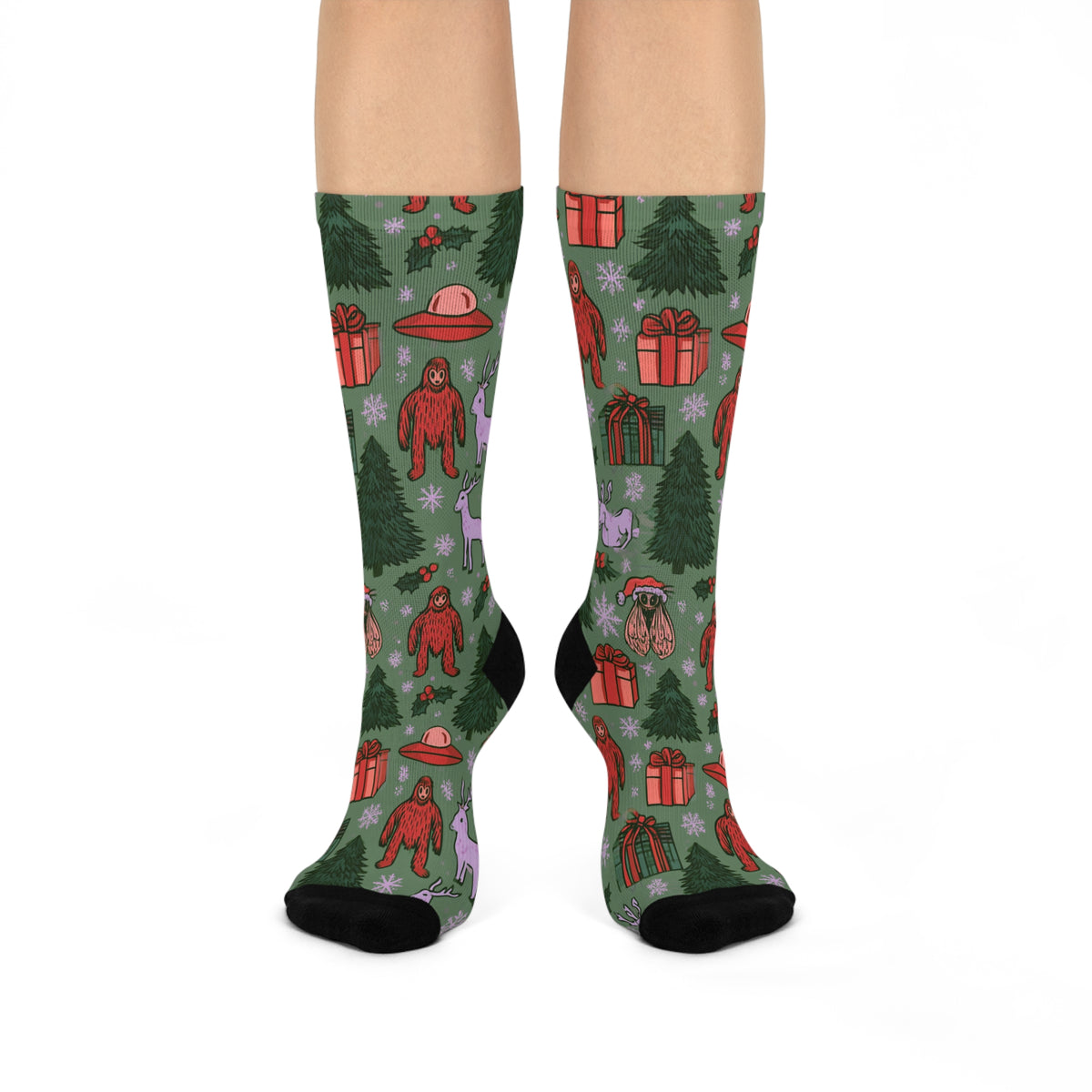 Cryptid Christmas Crew Socks | Bigfoot Mothman UFO Holiday