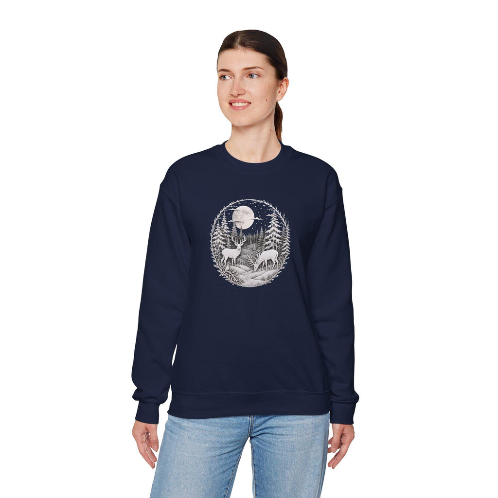 Moonlit Forest Deer Sweatshirt, Woodland Nature Crewneck, Winter Wildlife Apparel