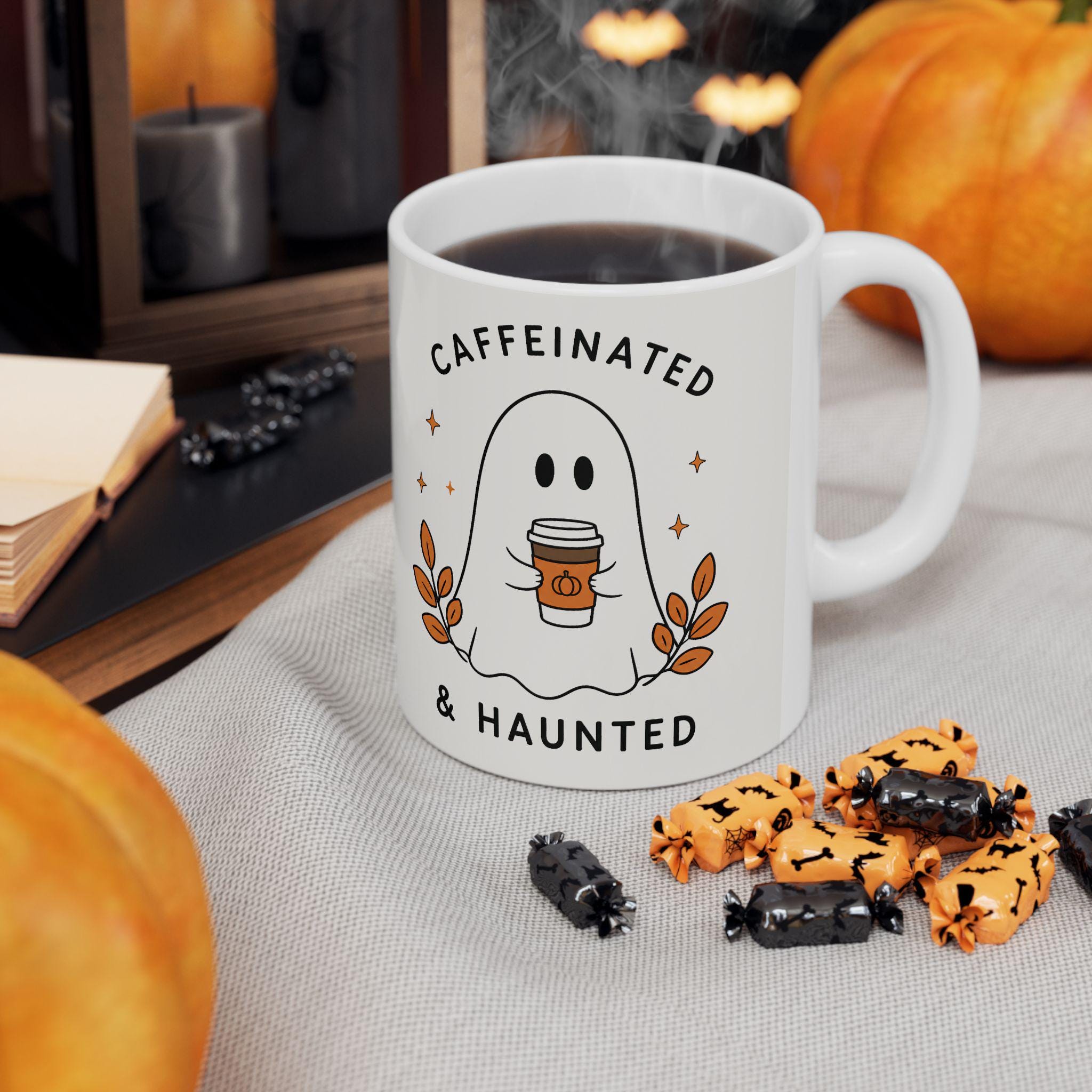 Caffeinated & Haunted Ghost Illustration Mug | Ceramic Coffee Cup