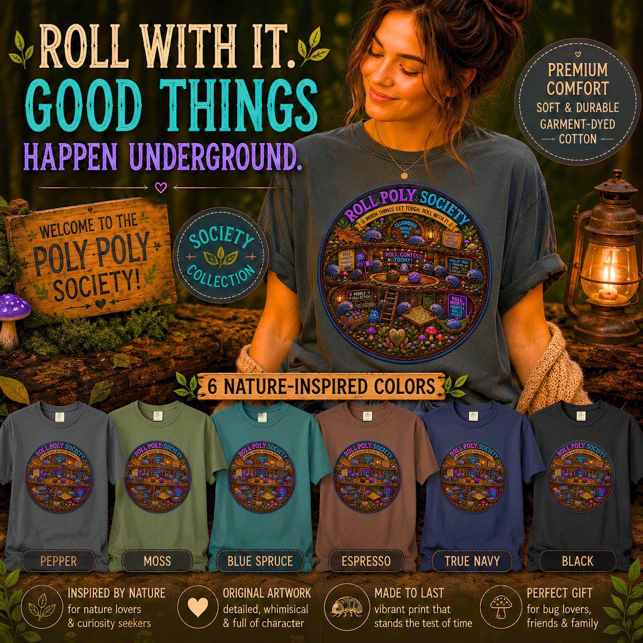 Roly Poly Society illustration T-Shirt | vintage arcade night scene