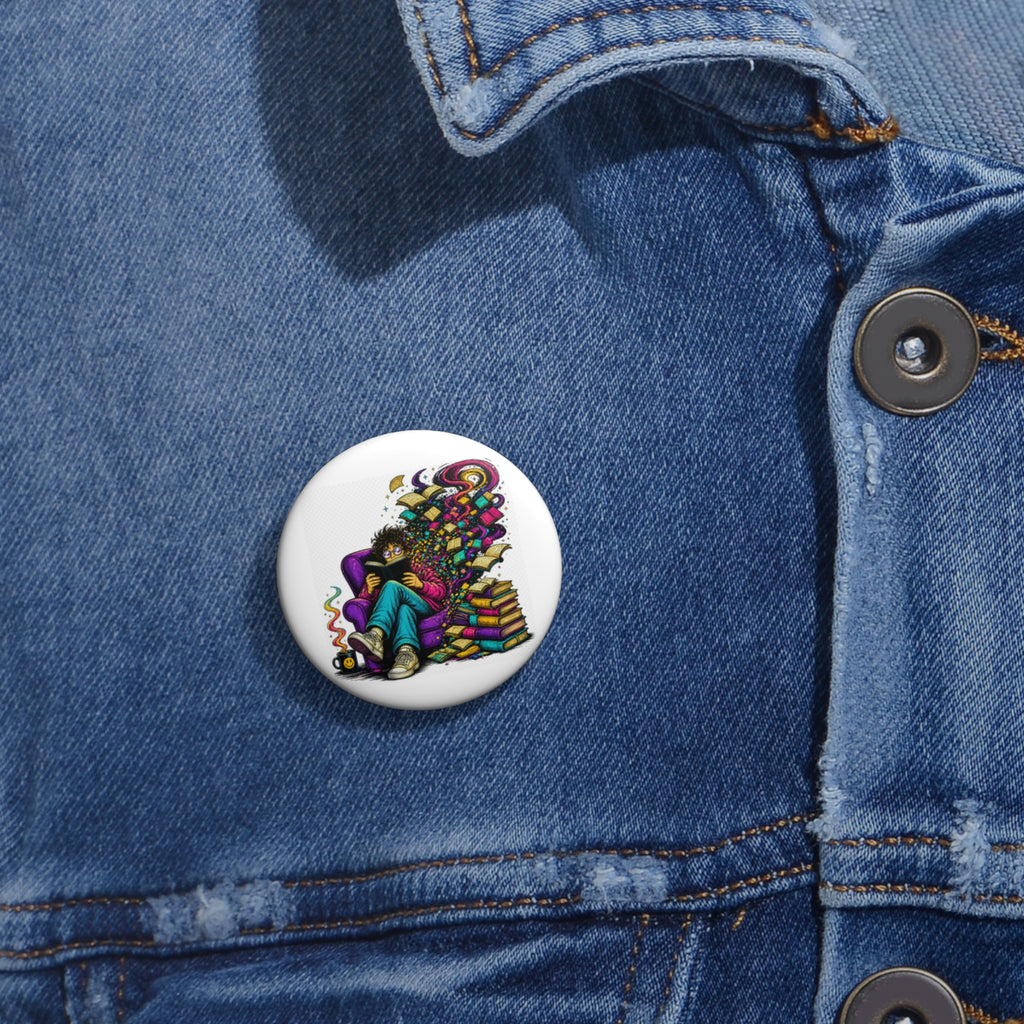 Girl Reading with Colorful Imagination Pin Button | Bookstack Illustration