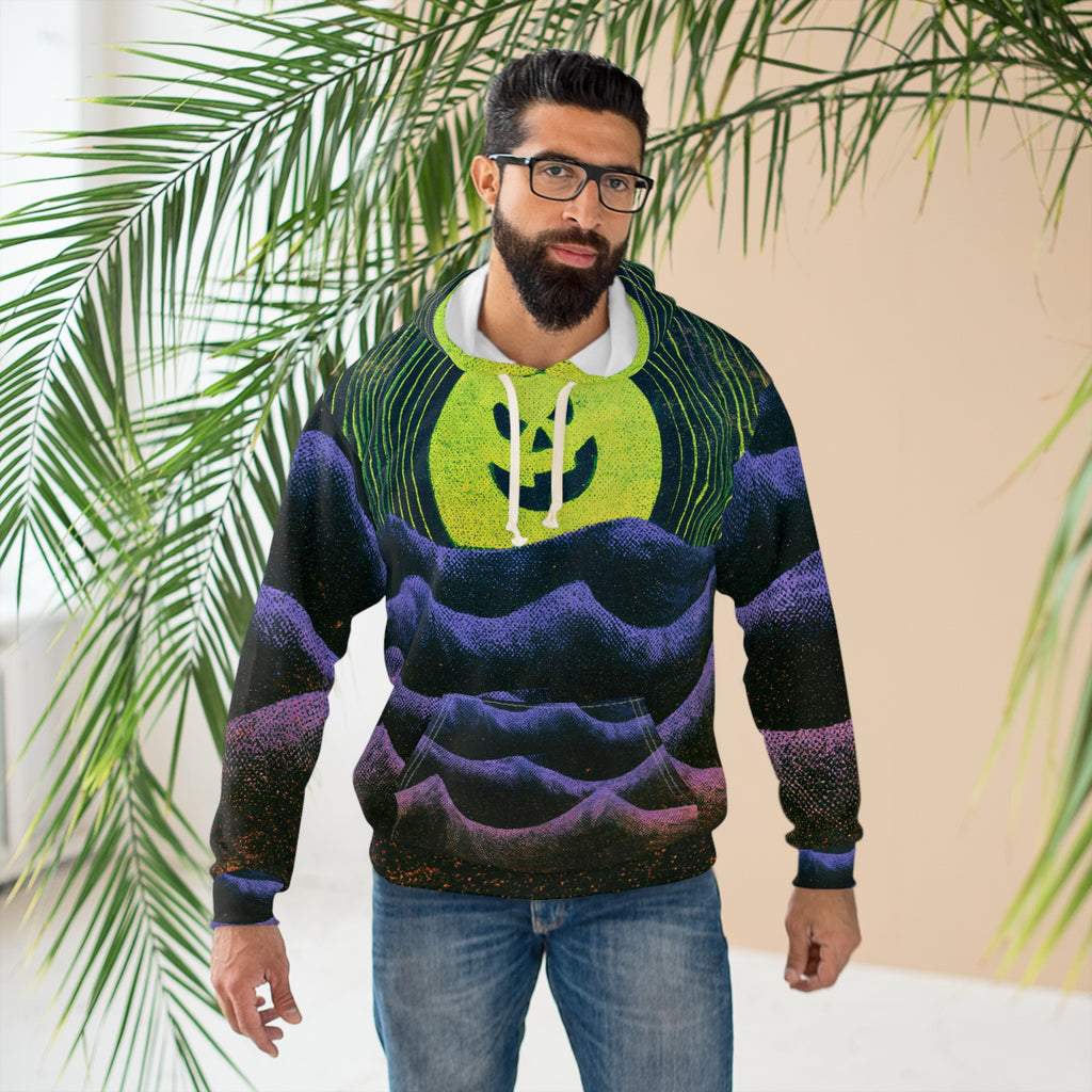 Halloween AOP Hoodie, Jack O Lantern Moon Hoodie, Purple Ocean Wave Sweatshirt, Spooky All Over Print Hoodie, Unisex Halloween Pullover