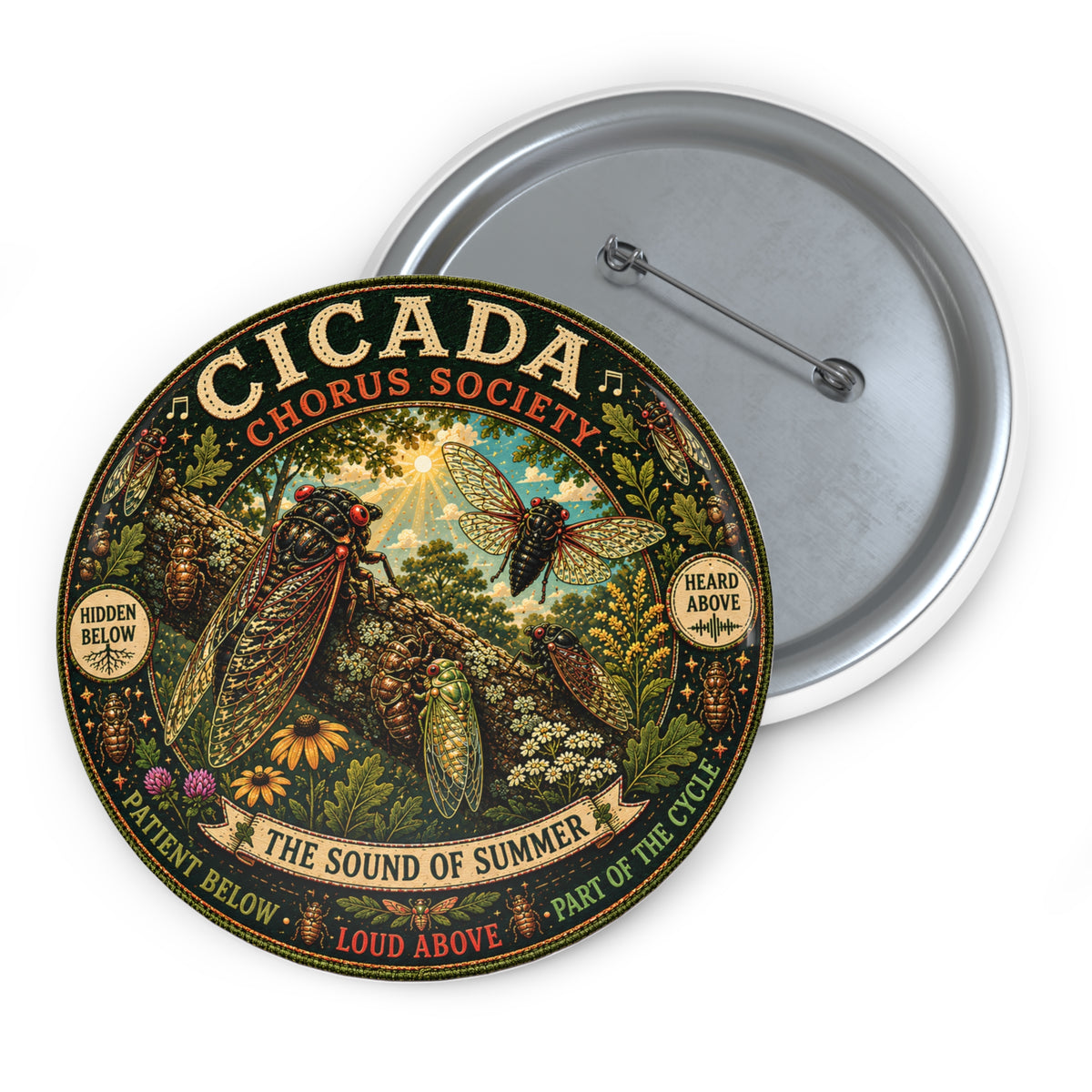 Cicada Chorus Society Pin Button | Vintage Nature Illustrated Badge