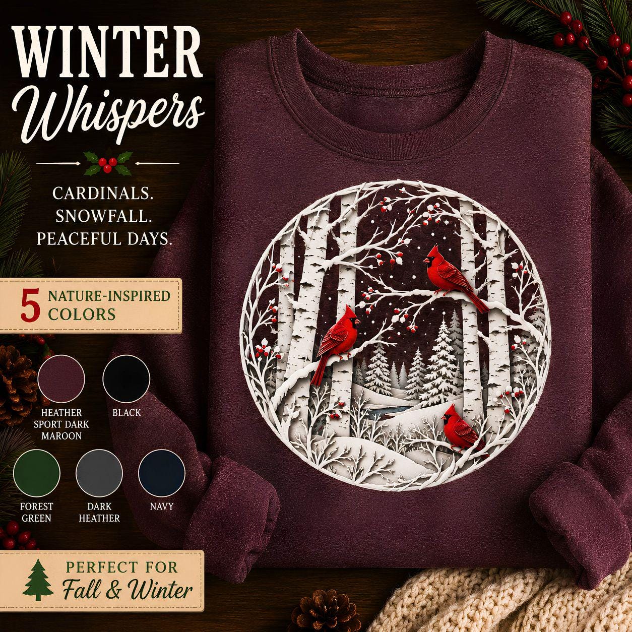 Winter Cardinal Birch Tree Sweatshirt, Snowy Nature Crewneck, Cozy Bird Apparel