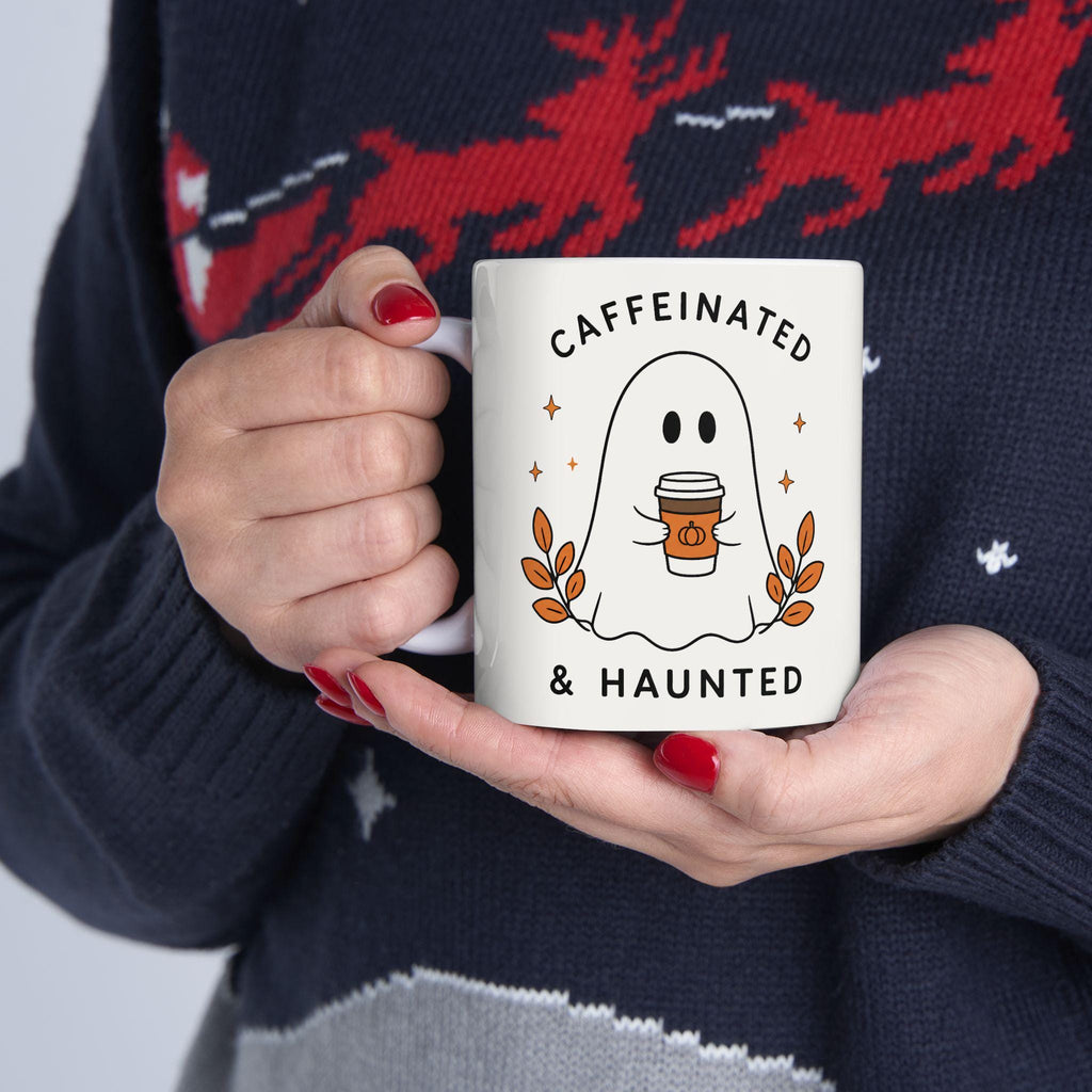 Caffeinated & Haunted Ghost Illustration Mug | Ceramic Coffee Cup